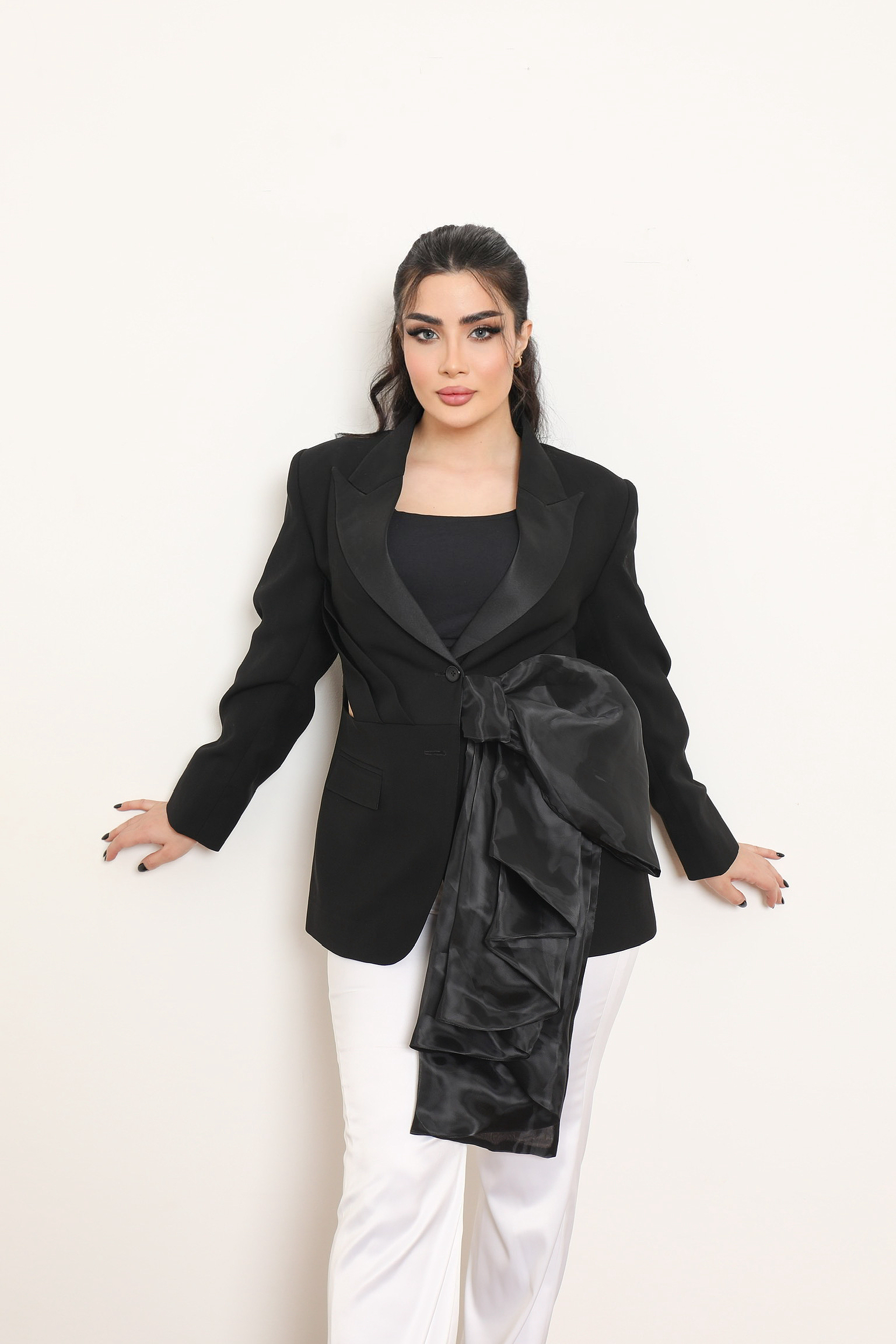 ASYMMETRIC SATIN-BOW TUXEDO JACKET