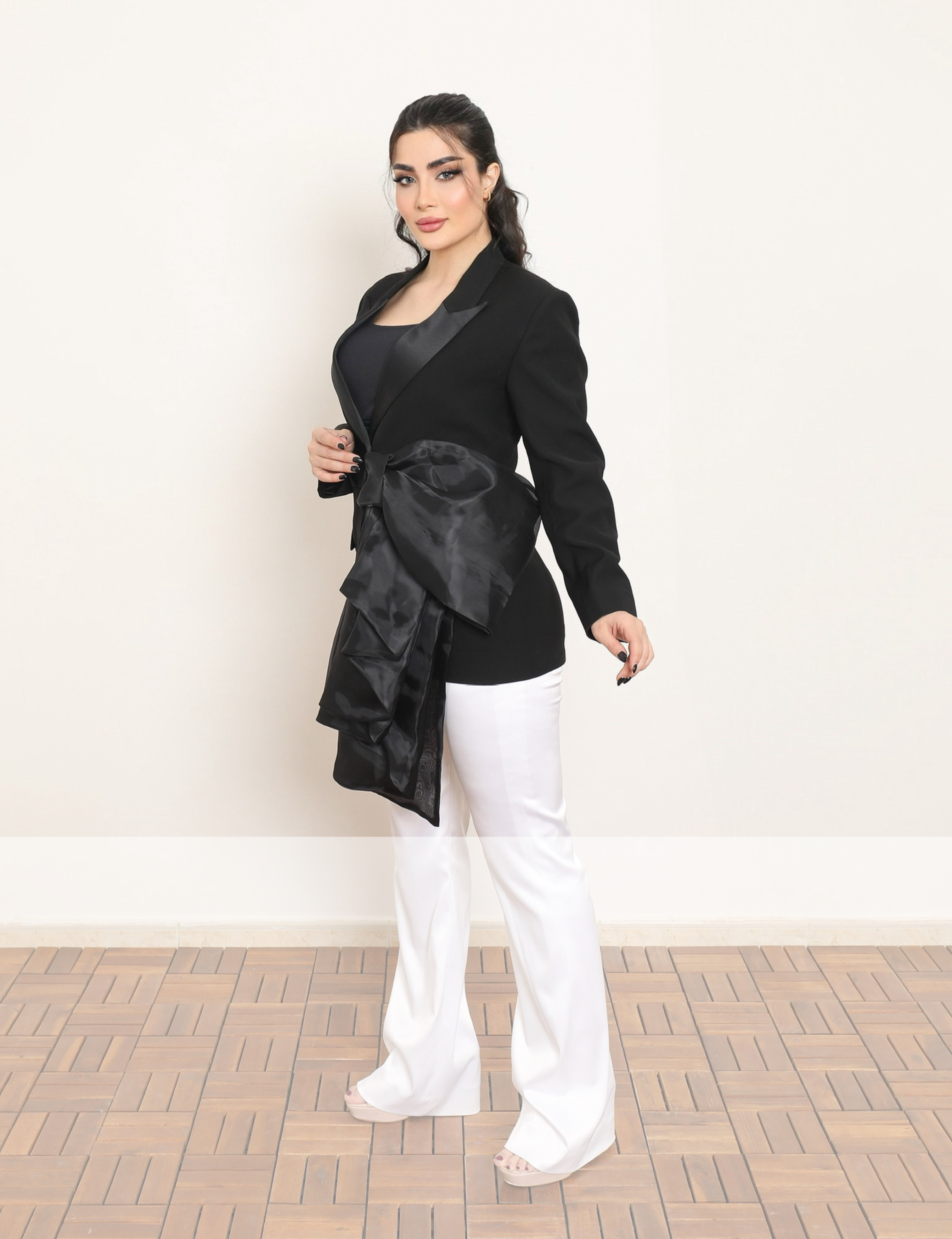 ASYMMETRIC SATIN-BOW TUXEDO JACKET