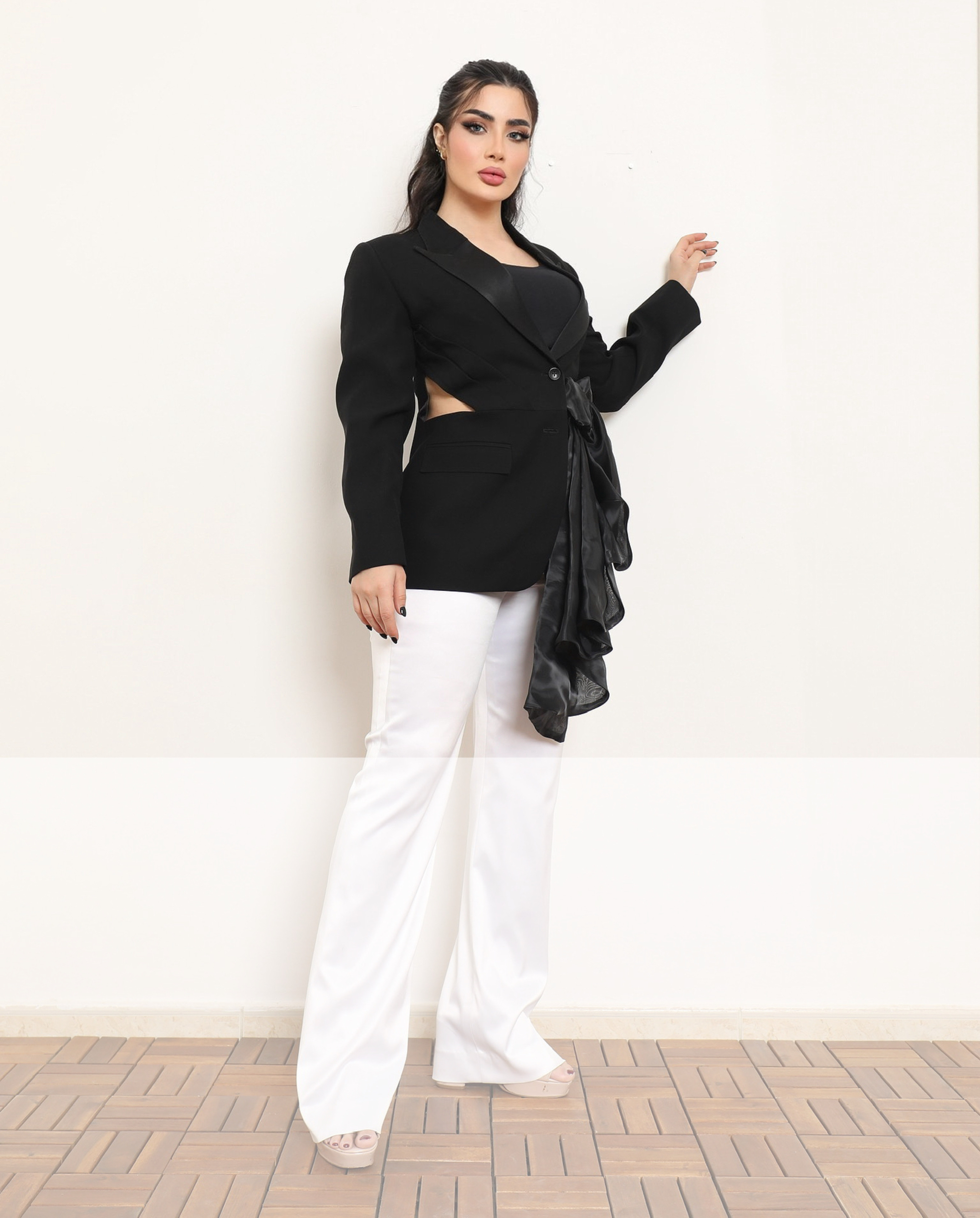 ASYMMETRIC SATIN-BOW TUXEDO JACKET