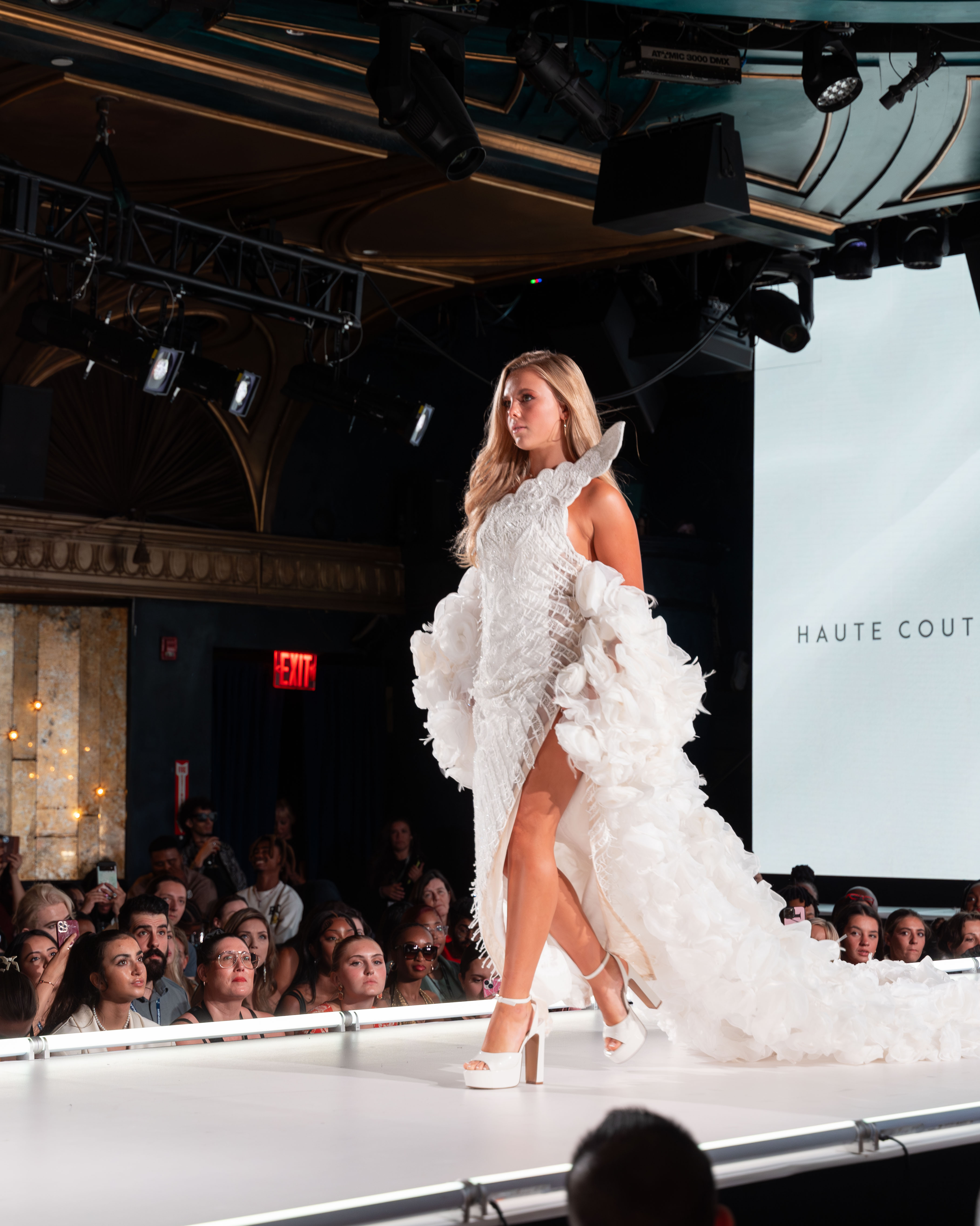 ASYMMETRICAL LACE GOWN WITH FLORAL TRAIN