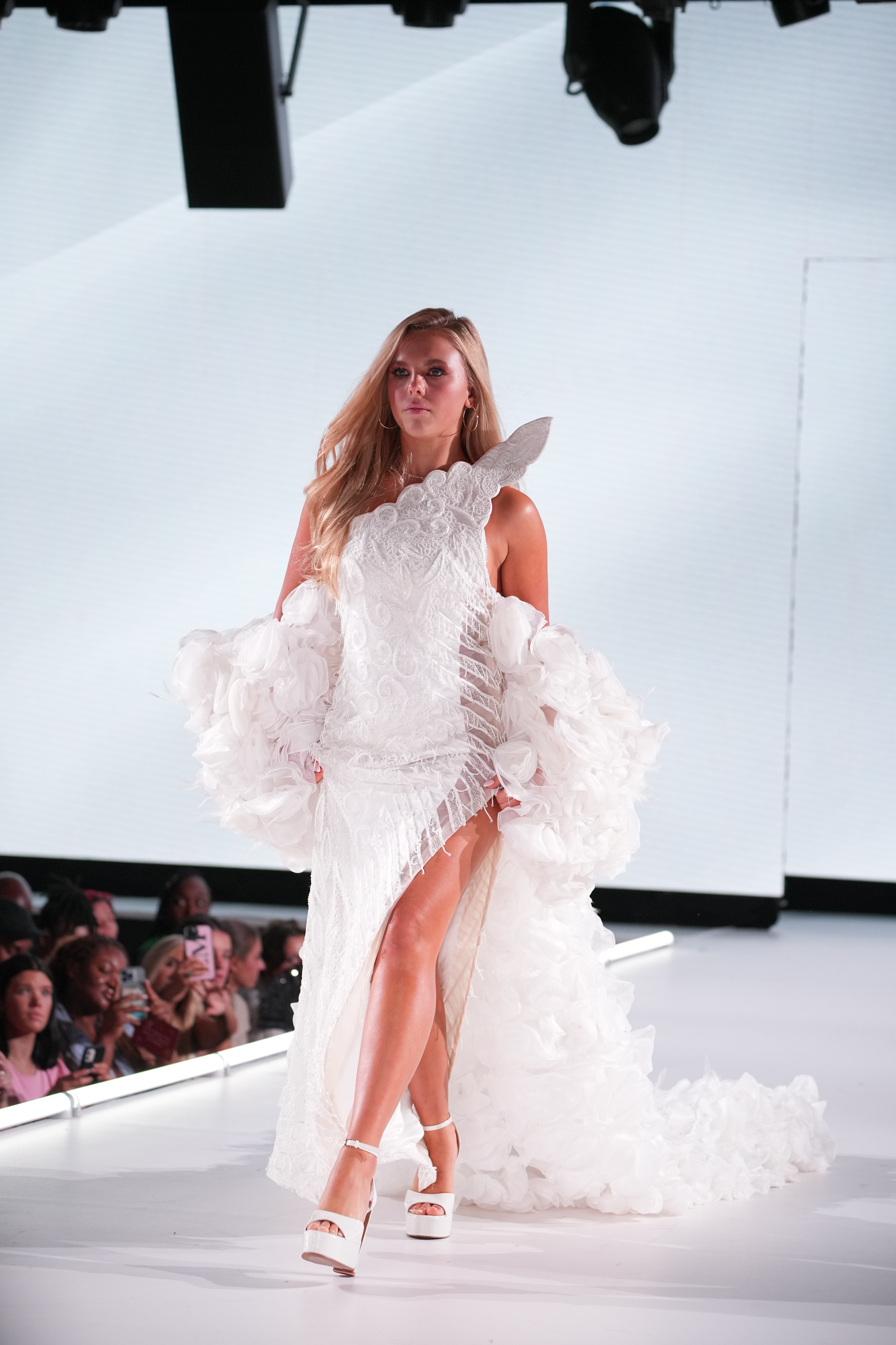 ASYMMETRICAL LACE GOWN WITH FLORAL TRAIN