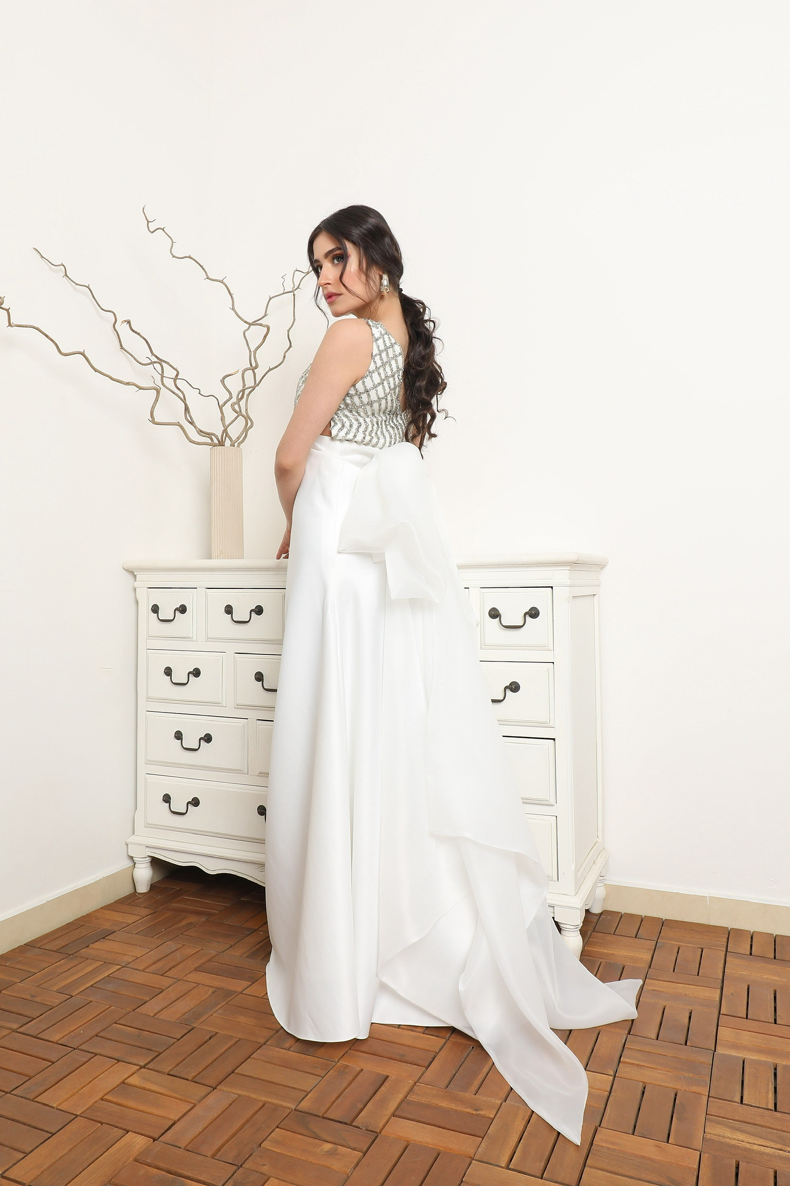 BEADED BODICE WITH SATIN OVERLAY SKIRT
