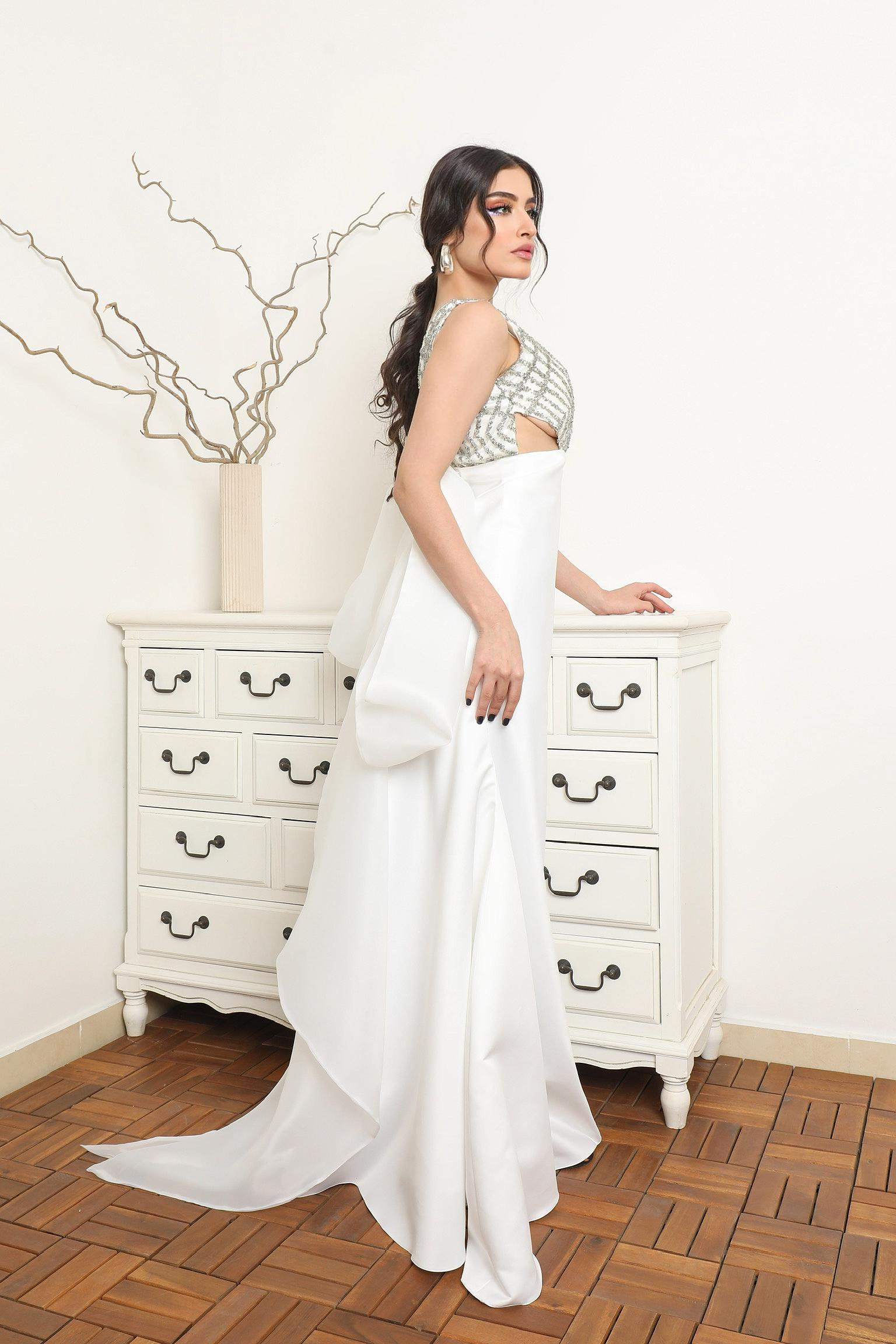 BEADED BODICE WITH SATIN OVERLAY SKIRT