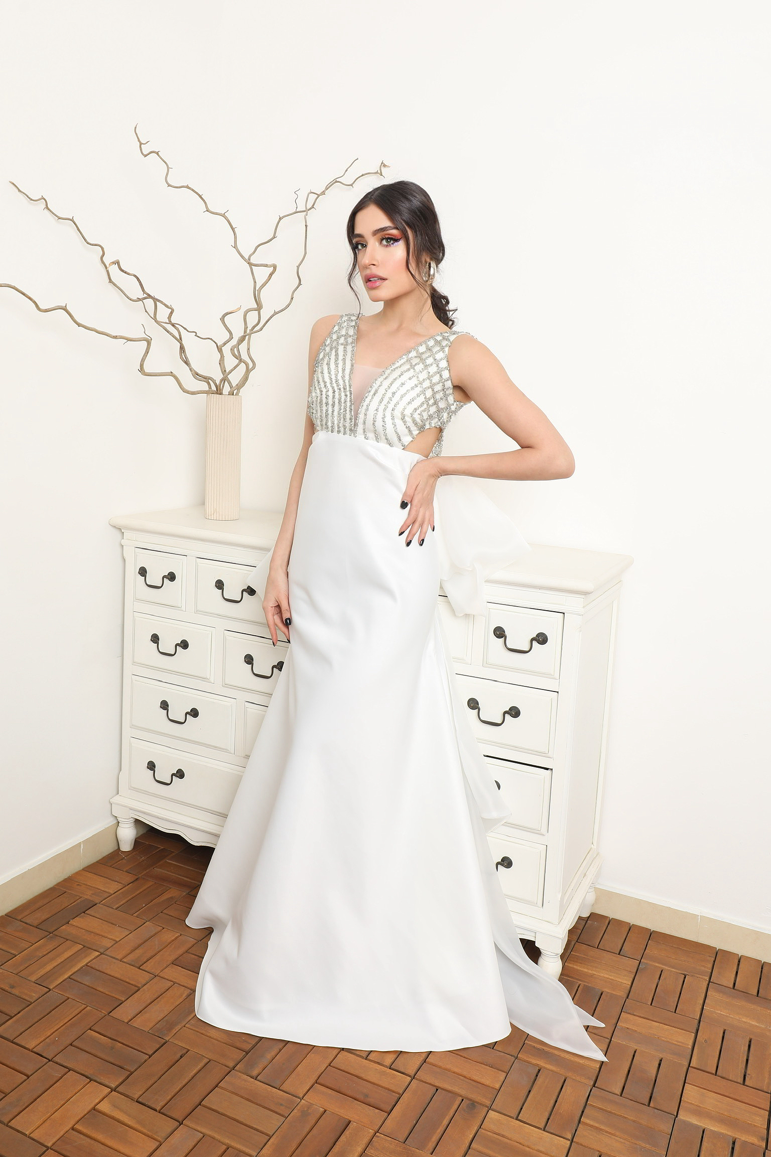 BEADED BODICE WITH SATIN OVERLAY SKIRT