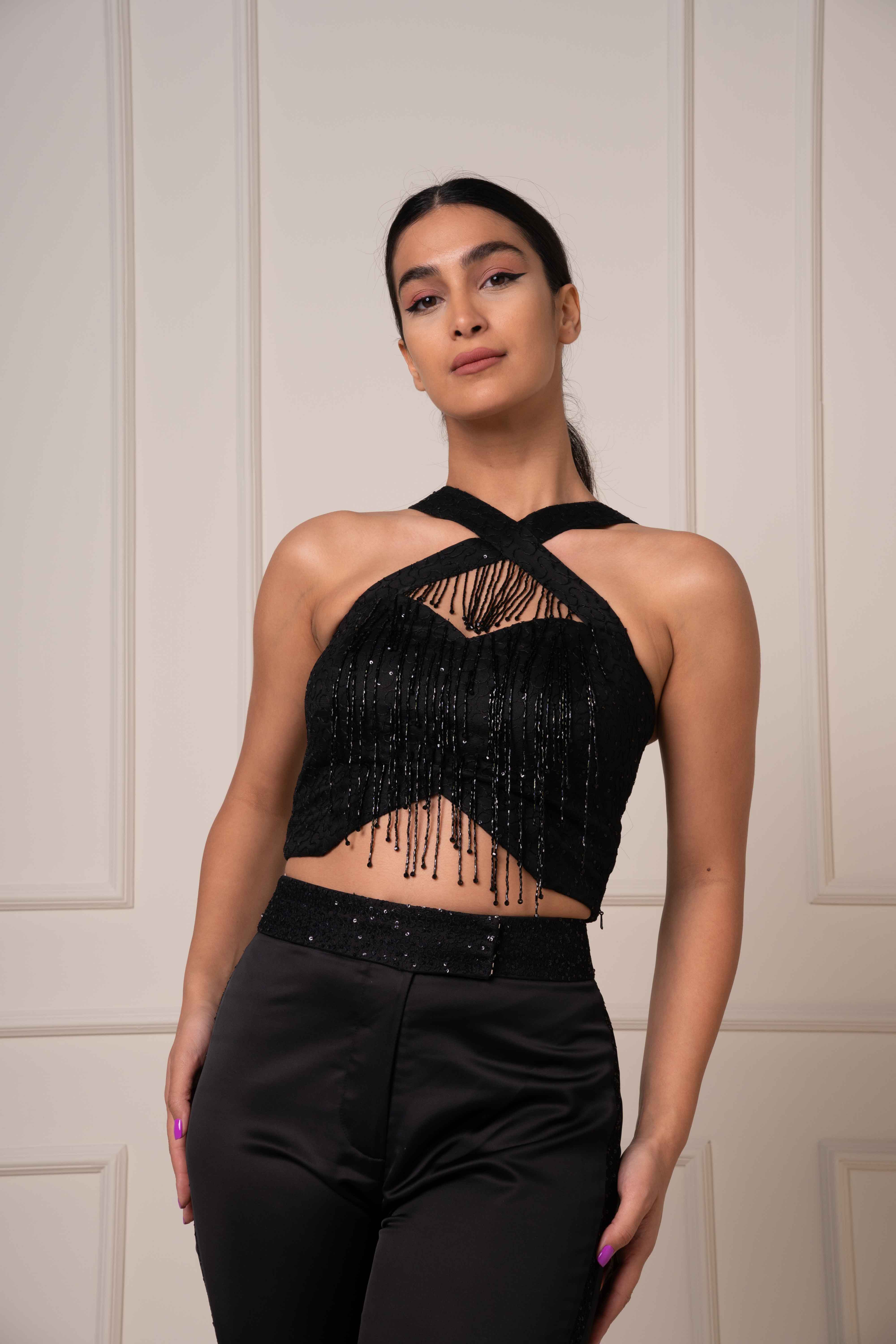 BEADED FRINGE CROSS-HALTER TOP