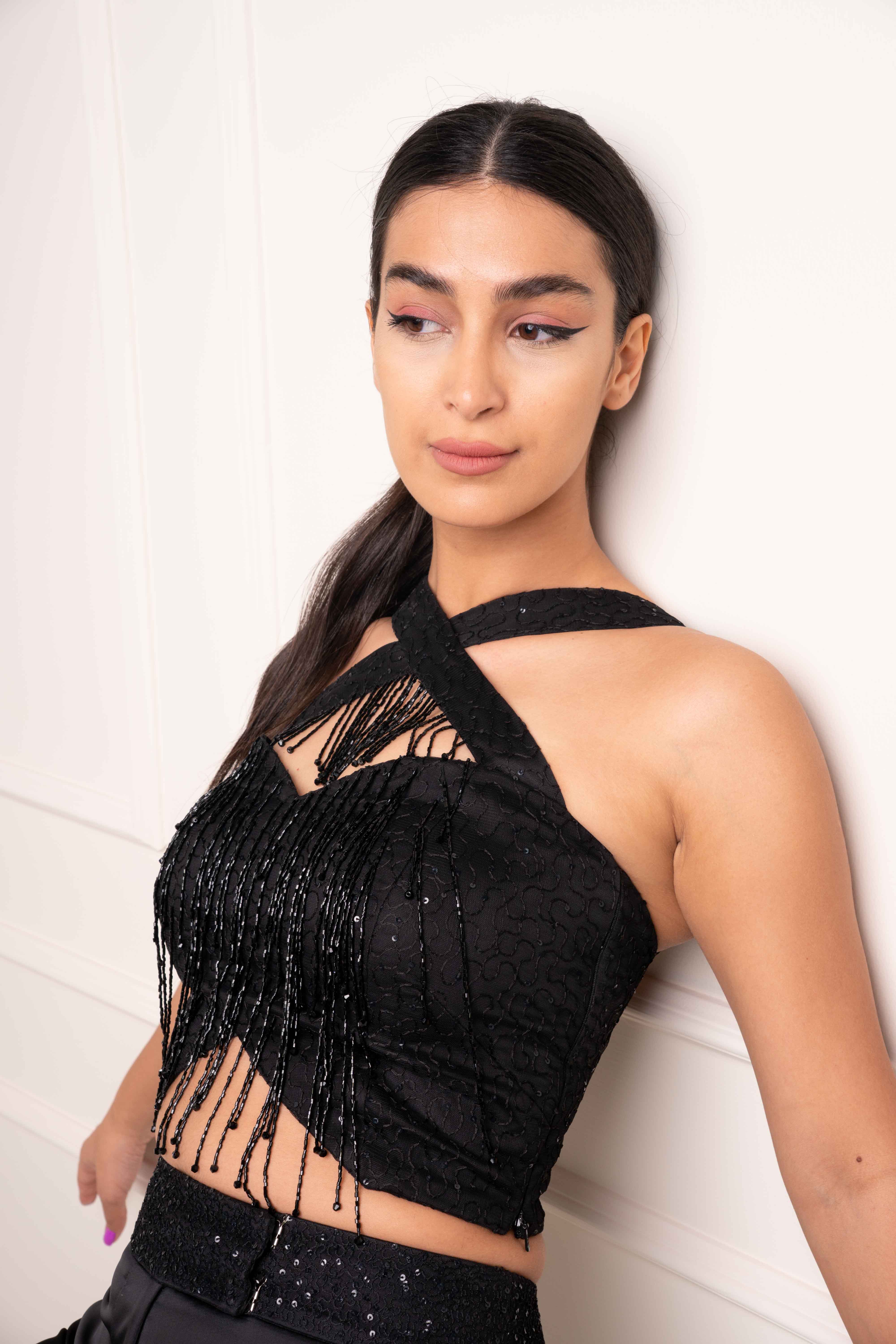 BEADED FRINGE CROSS-HALTER TOP