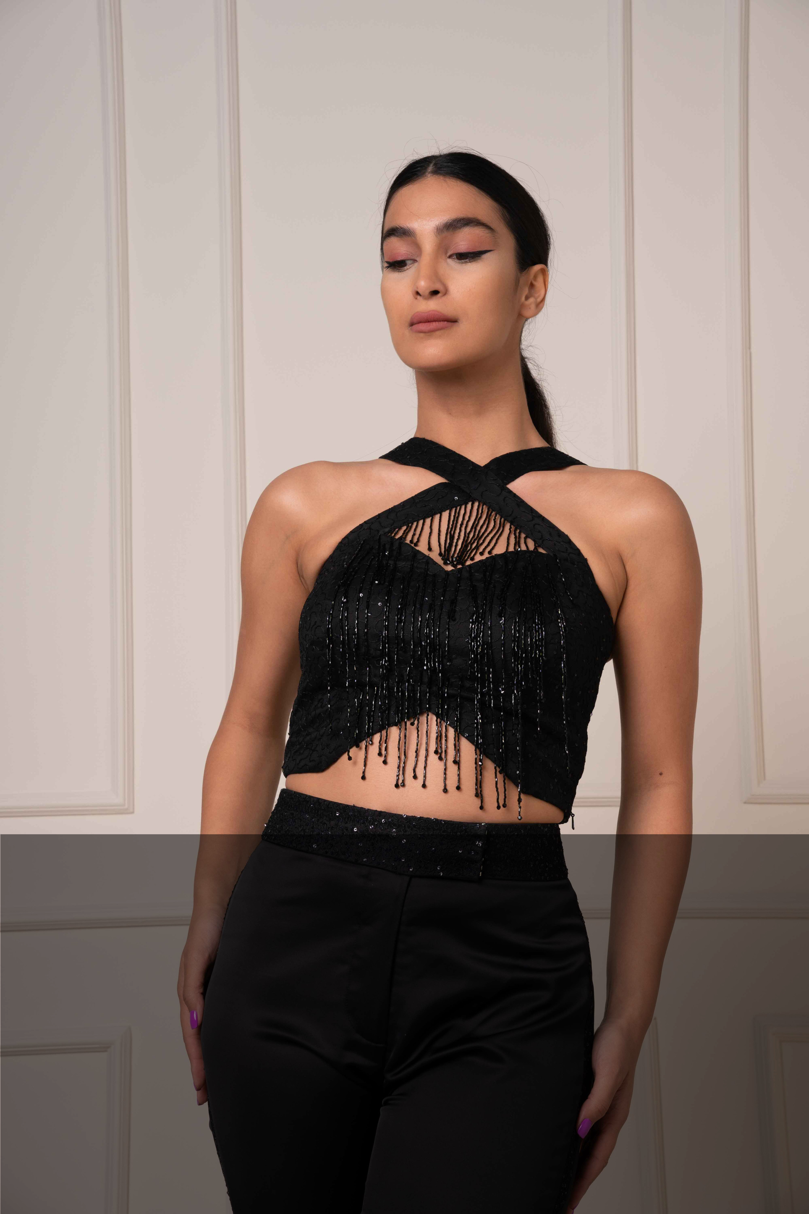 BEADED FRINGE CROSS-HALTER TOP