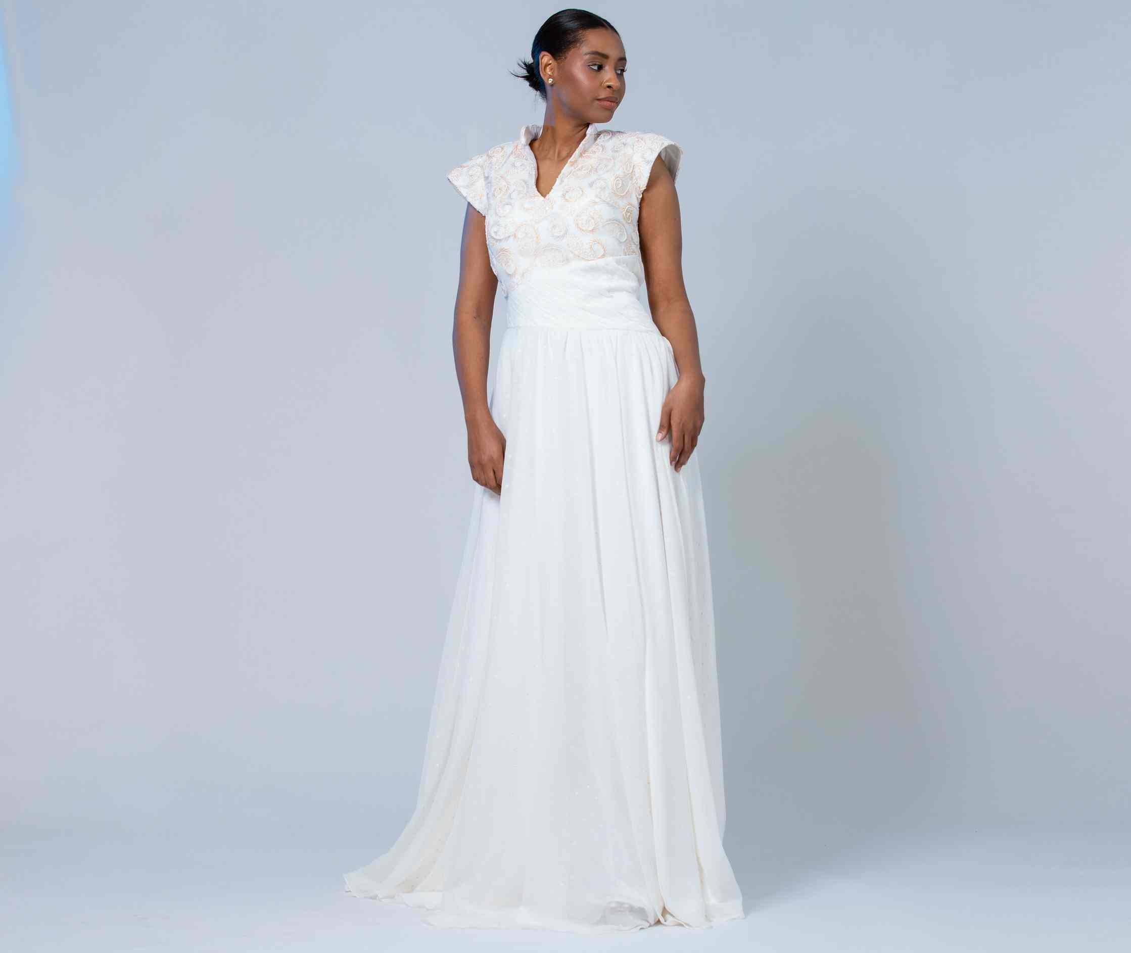 CAPE-EMBROIDERED V-NECK GOWN