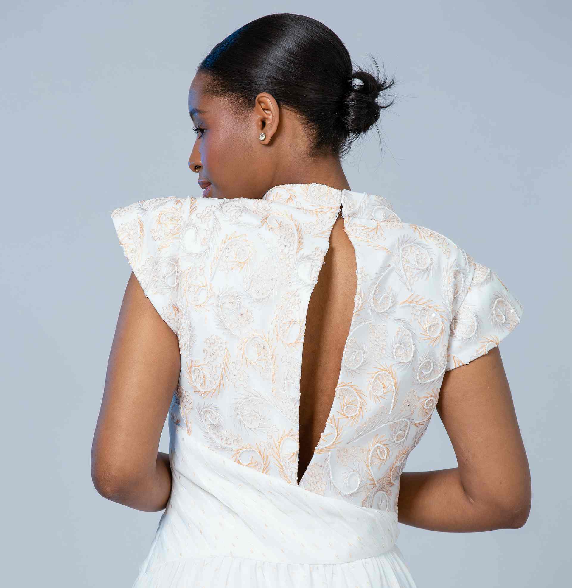 CAPE-EMBROIDERED V-NECK GOWN