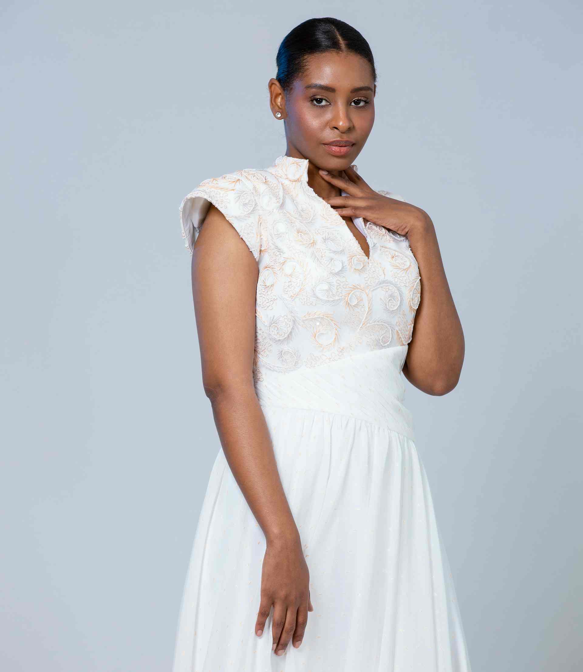 CAPE-EMBROIDERED V-NECK GOWN