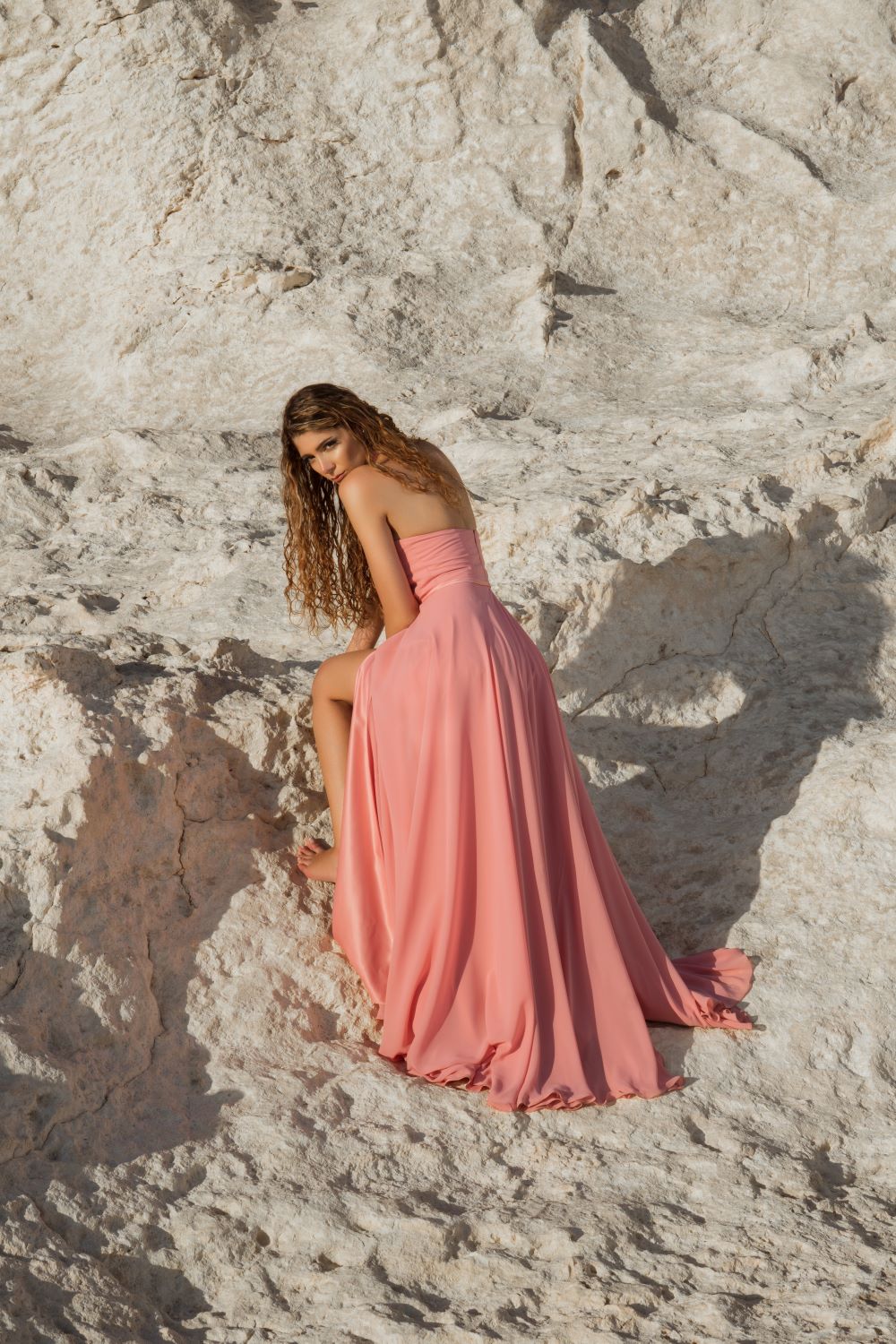 CORAL SUNSET STRAPLESS GOWN