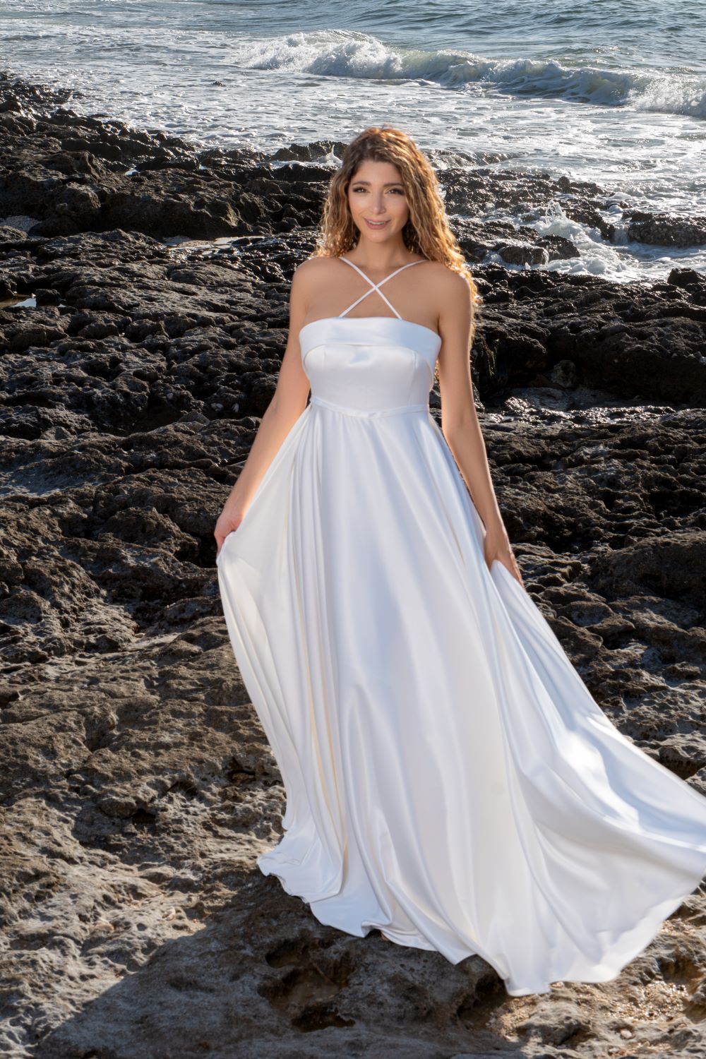 CROSS-HALTER FLARE SATIN GOWN
