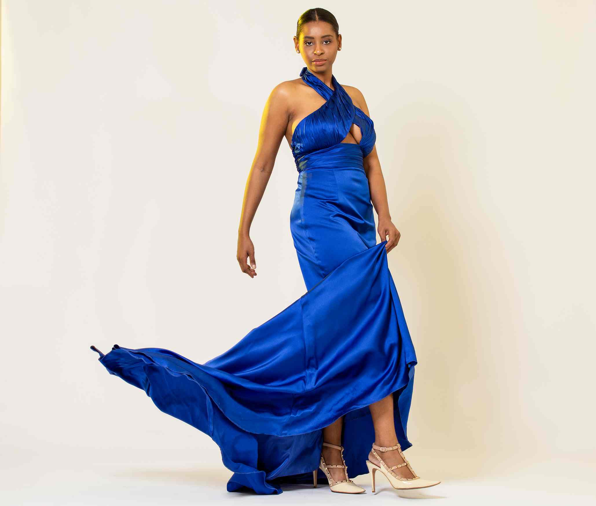 ELECTRIC BLUE HALTER CUTOUT GOWN