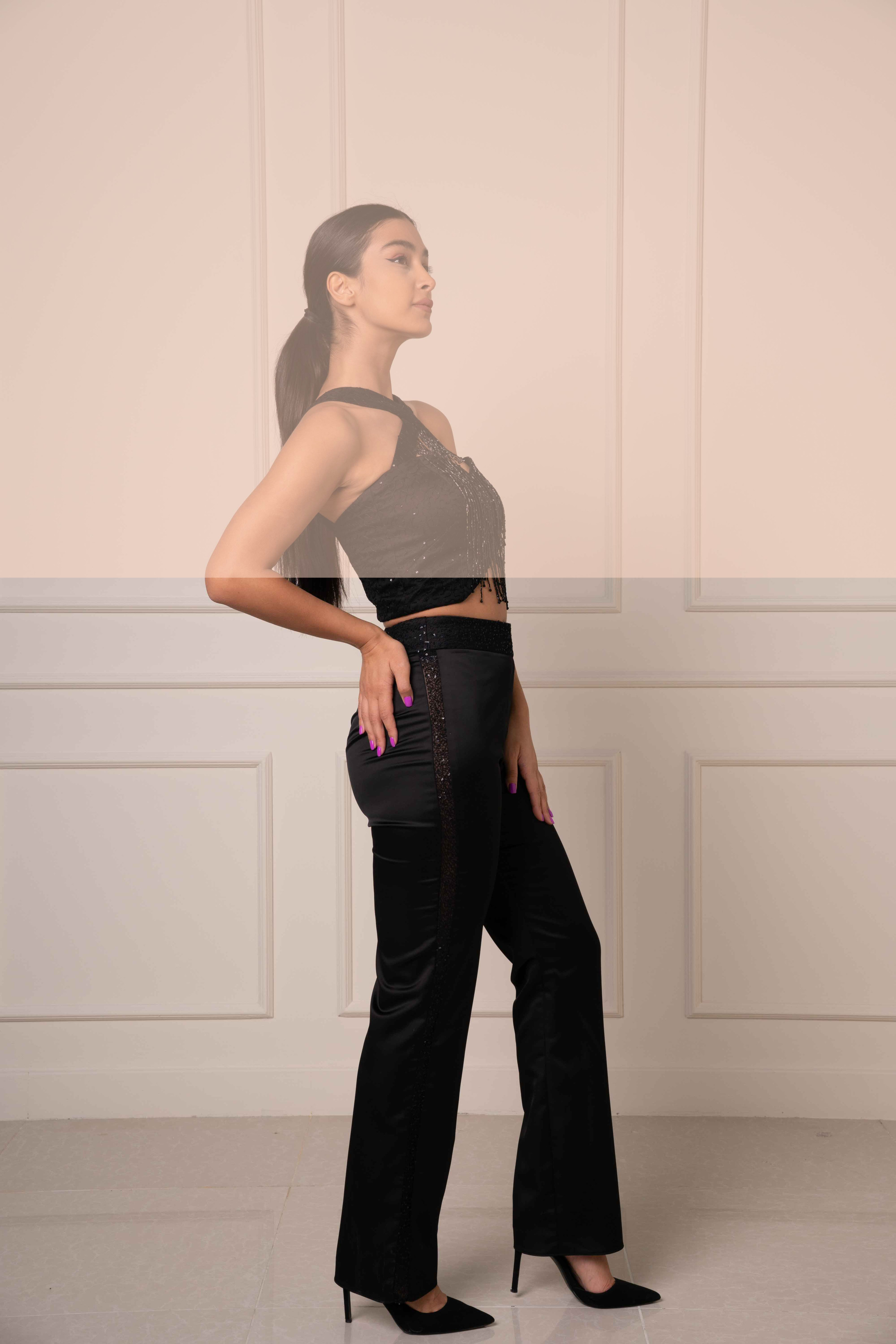 ELEGANT BLACK SATIN EMBELLISHED TROUSERS