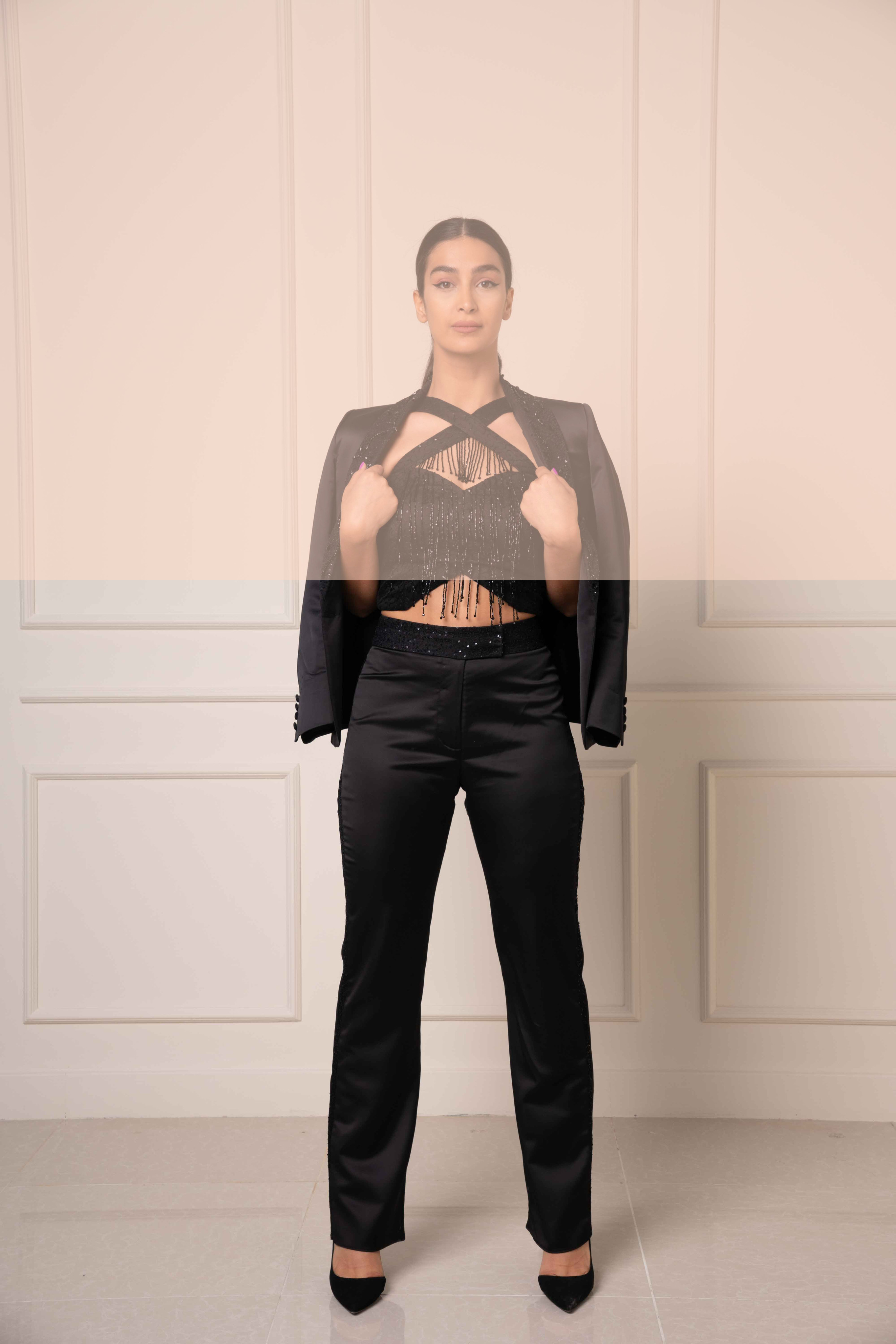 ELEGANT BLACK SATIN EMBELLISHED TROUSERS