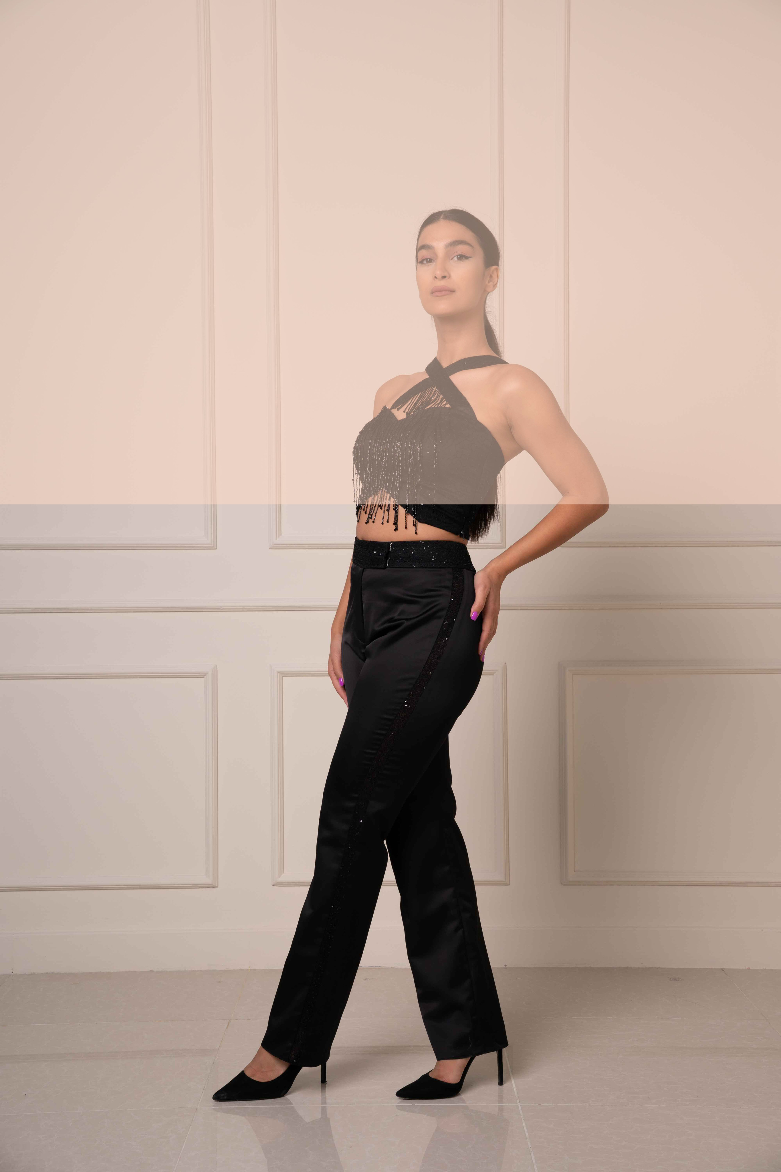 ELEGANT BLACK SATIN EMBELLISHED TROUSERS