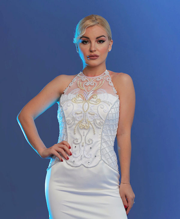 EMBROIDERED HALTER A-LINE GOWN