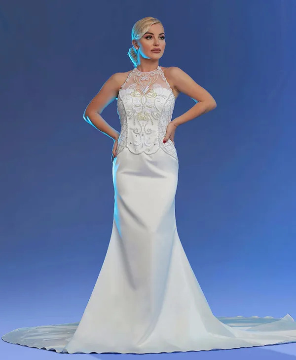 EMBROIDERED HALTER A-LINE GOWN