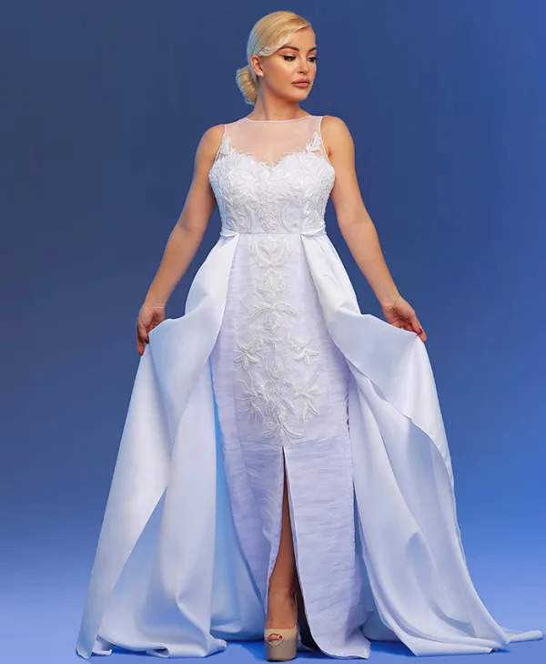 EMBROIDERED SHEATH GOWN WITH OVERSKIRT
