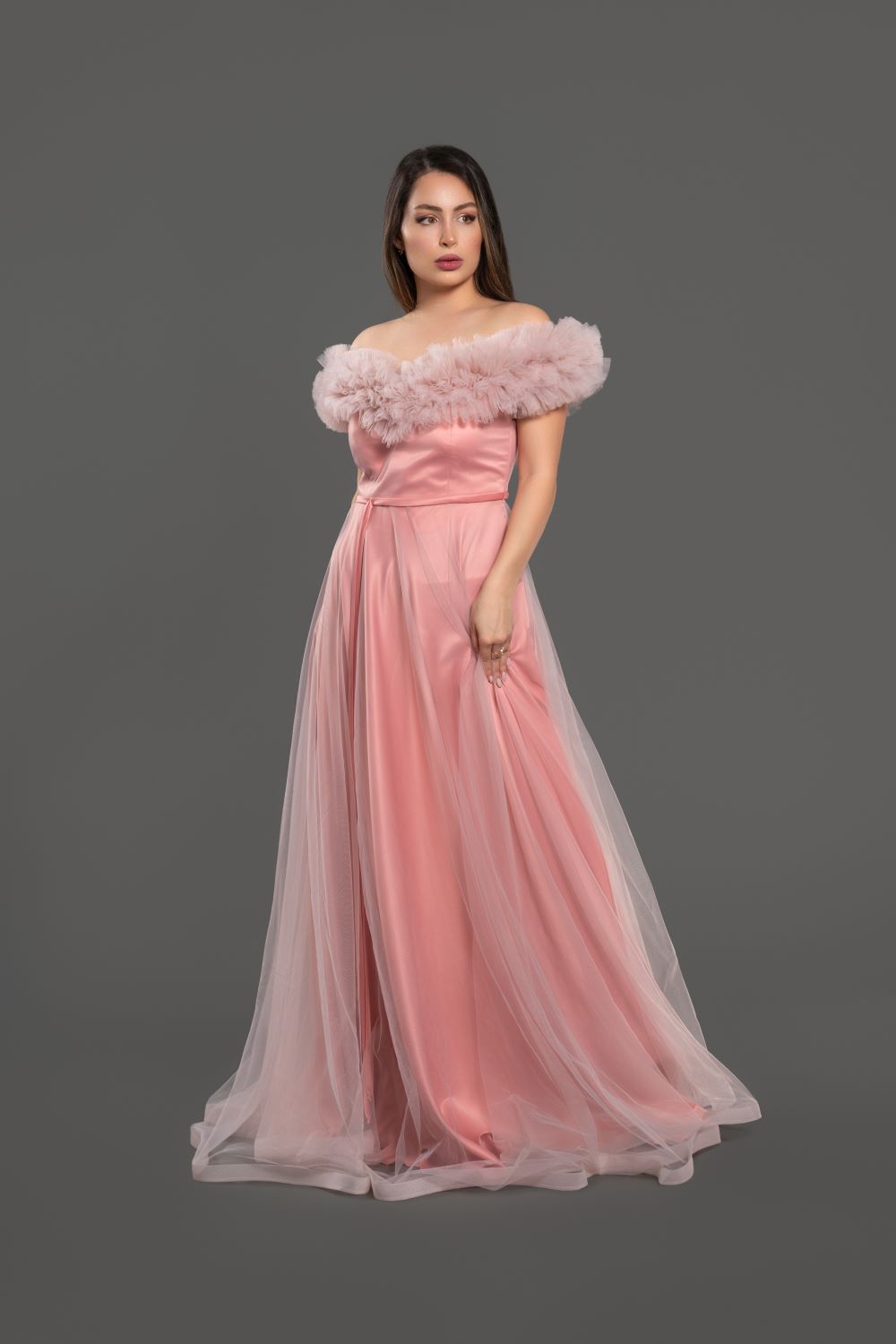 ENCHANTED BLUSH OFF-SHOULDER GOWN