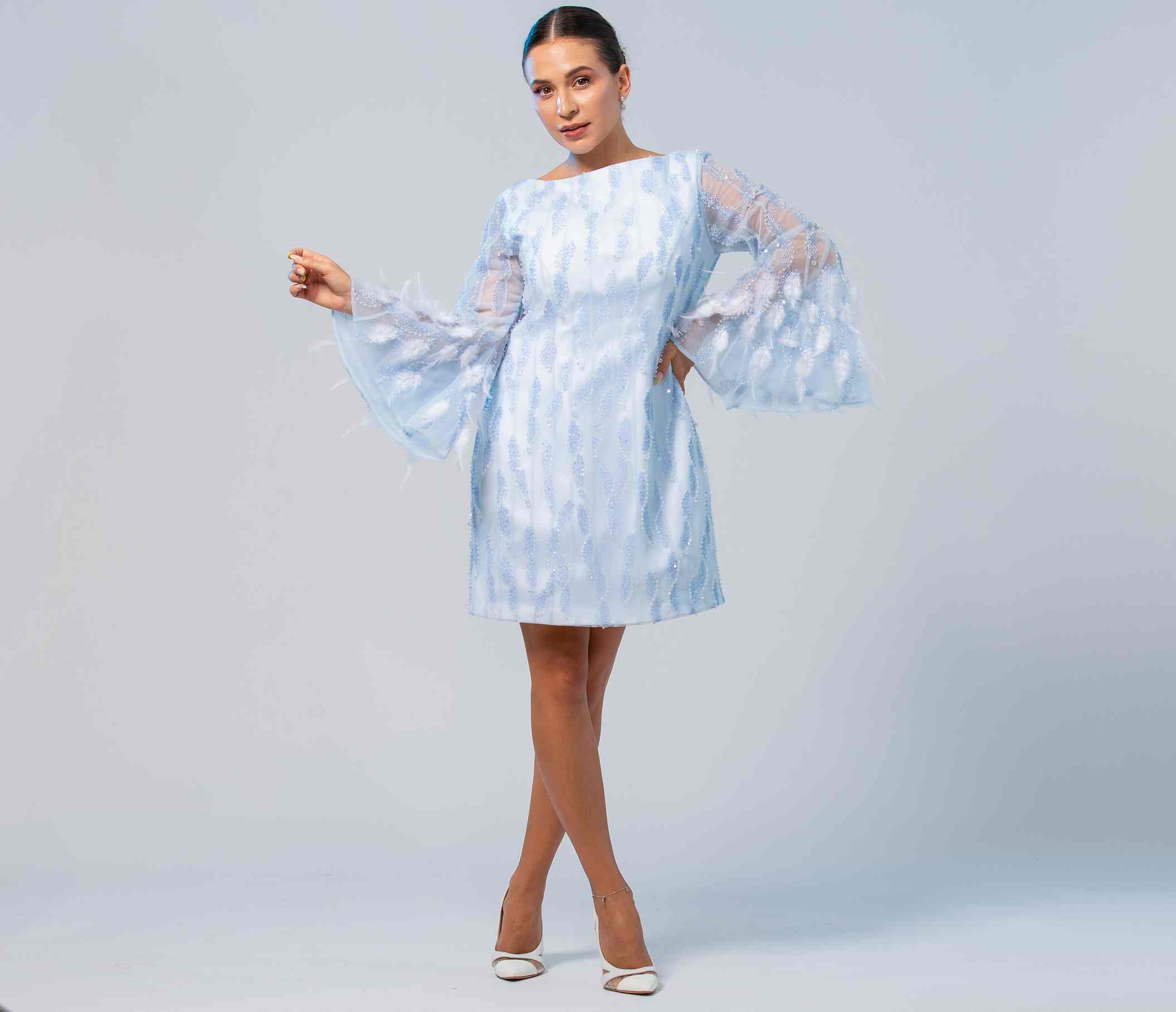 ETHEREAL BLUE BELL-SLEEVE DRESS