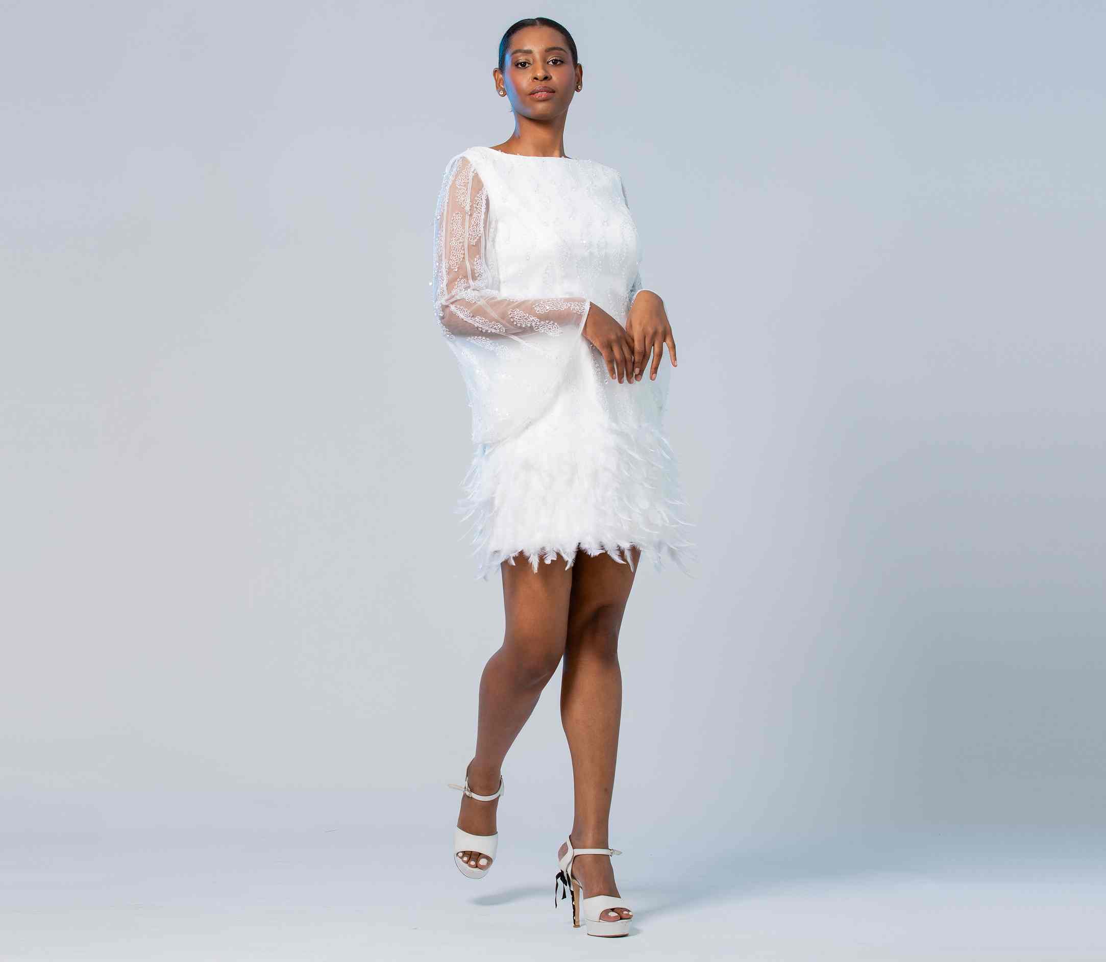 FEATHERED LACE MINI DRESS