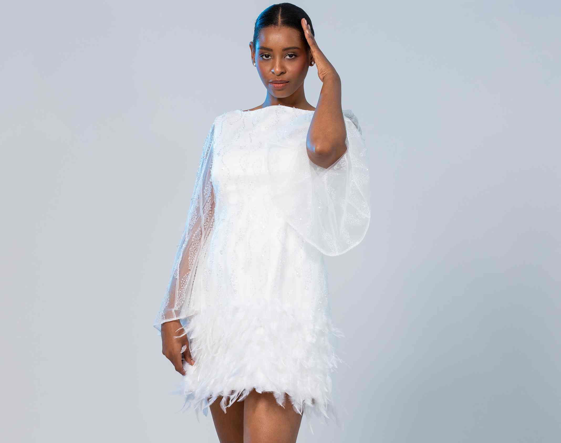 FEATHERED LACE MINI DRESS