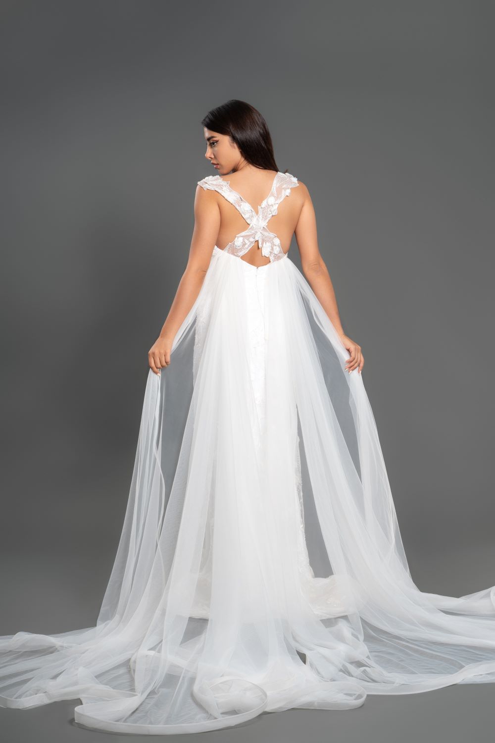 FLORAL EMBROIDERED A-LINE GOWN WITH TULLE CAPE