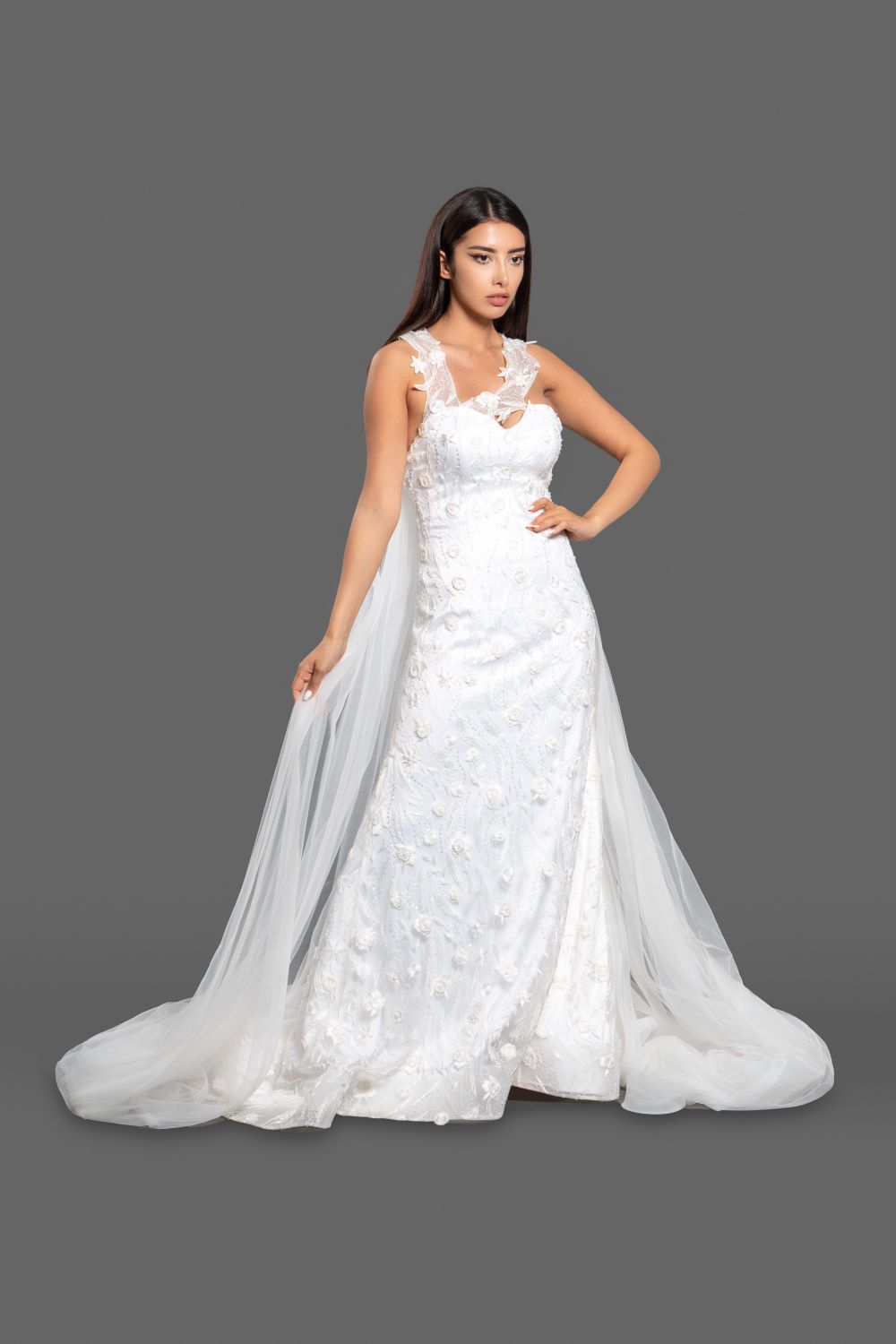 FLORAL EMBROIDERED A-LINE GOWN WITH TULLE CAPE