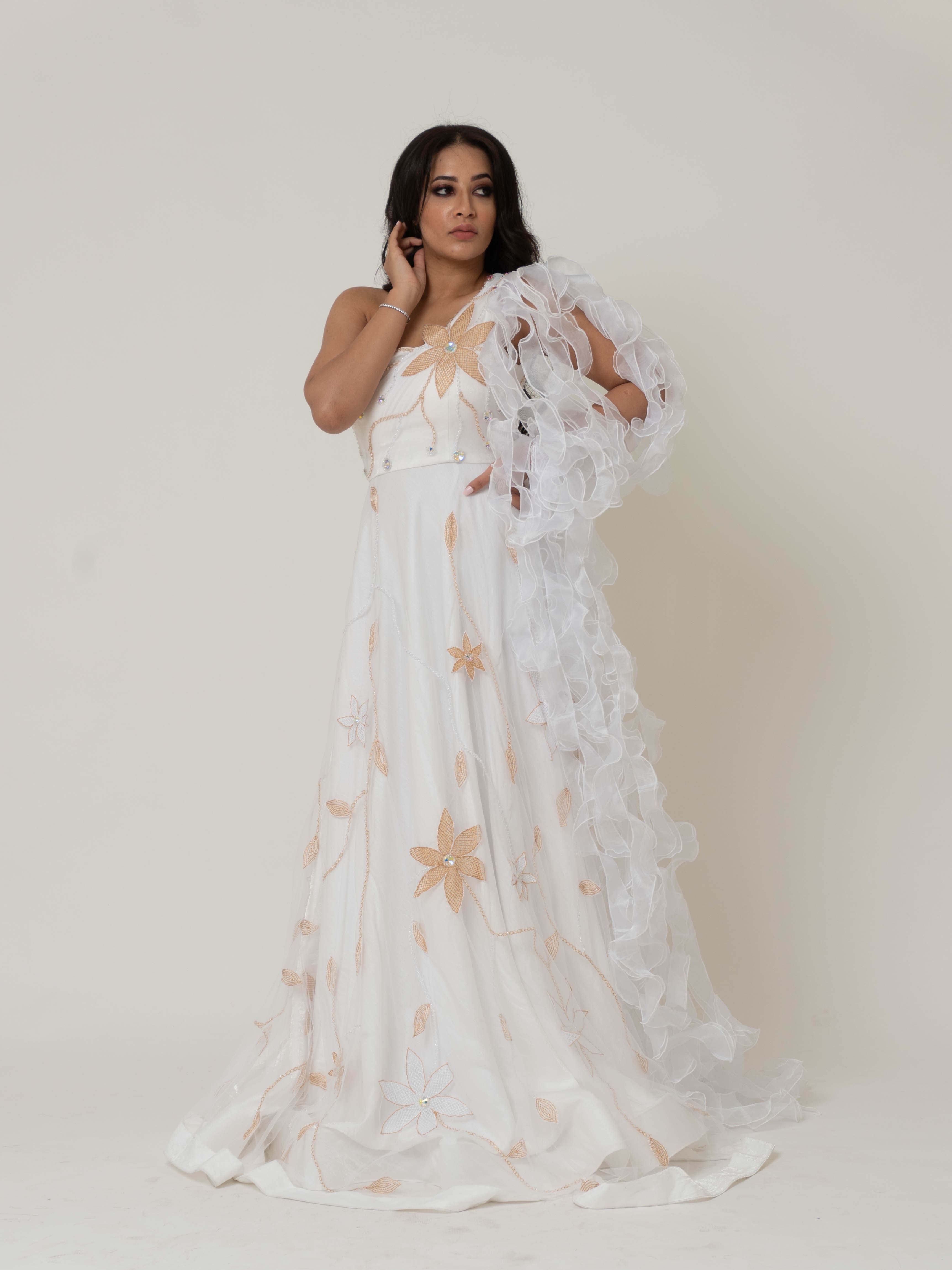 FLORAL EMBROIDERY DRAPED GOWN