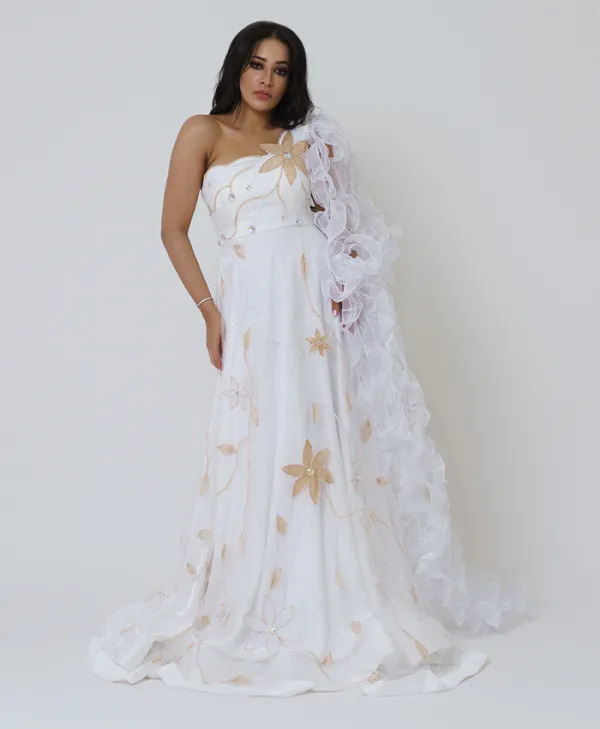 FLORAL EMBROIDERY DRAPED GOWN