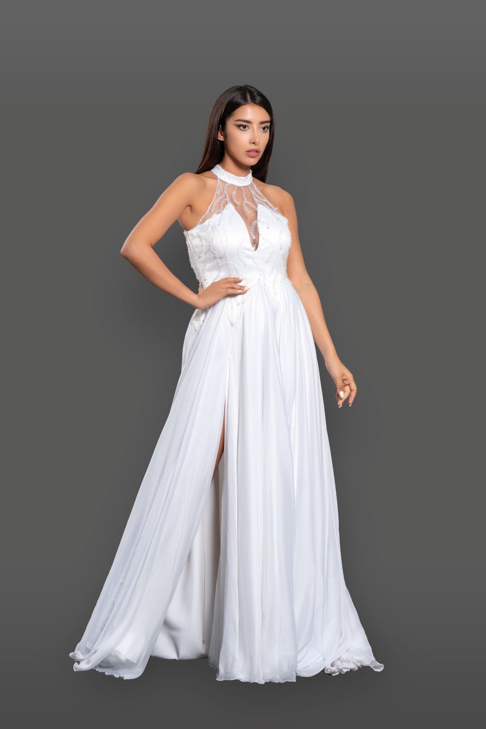 HALTER CHIFFON EMBELLISHED GOWN