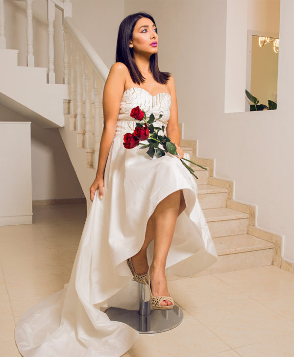 HIGH-LOW BEADED SATIN GOWN