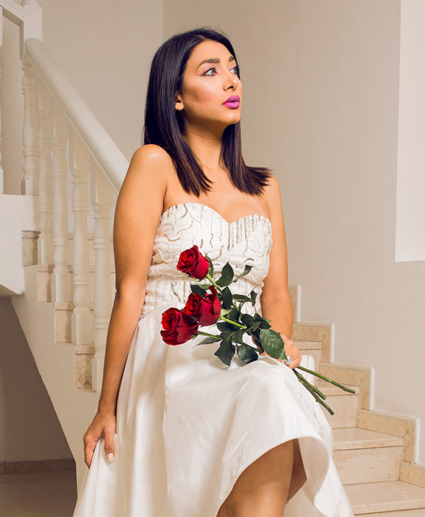 HIGH-LOW BEADED SATIN GOWN