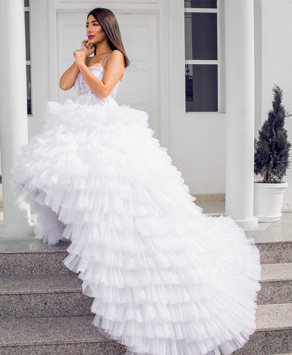 HIGH-LOW RUFFLED TULLE GOWN