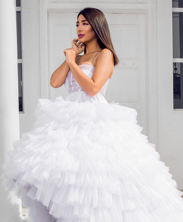 HIGH-LOW RUFFLED TULLE GOWN