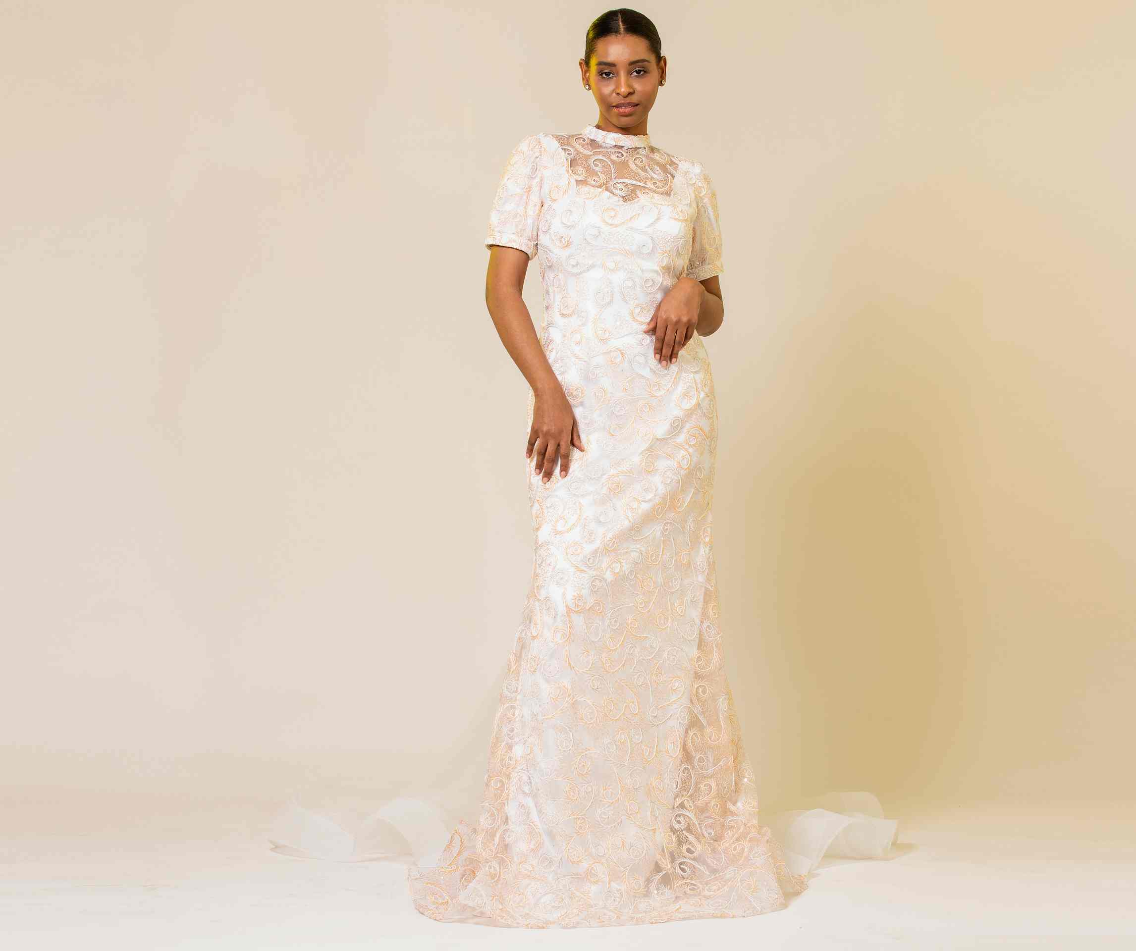 HIGH-NECK EMBROIDERED FITTED GOWN