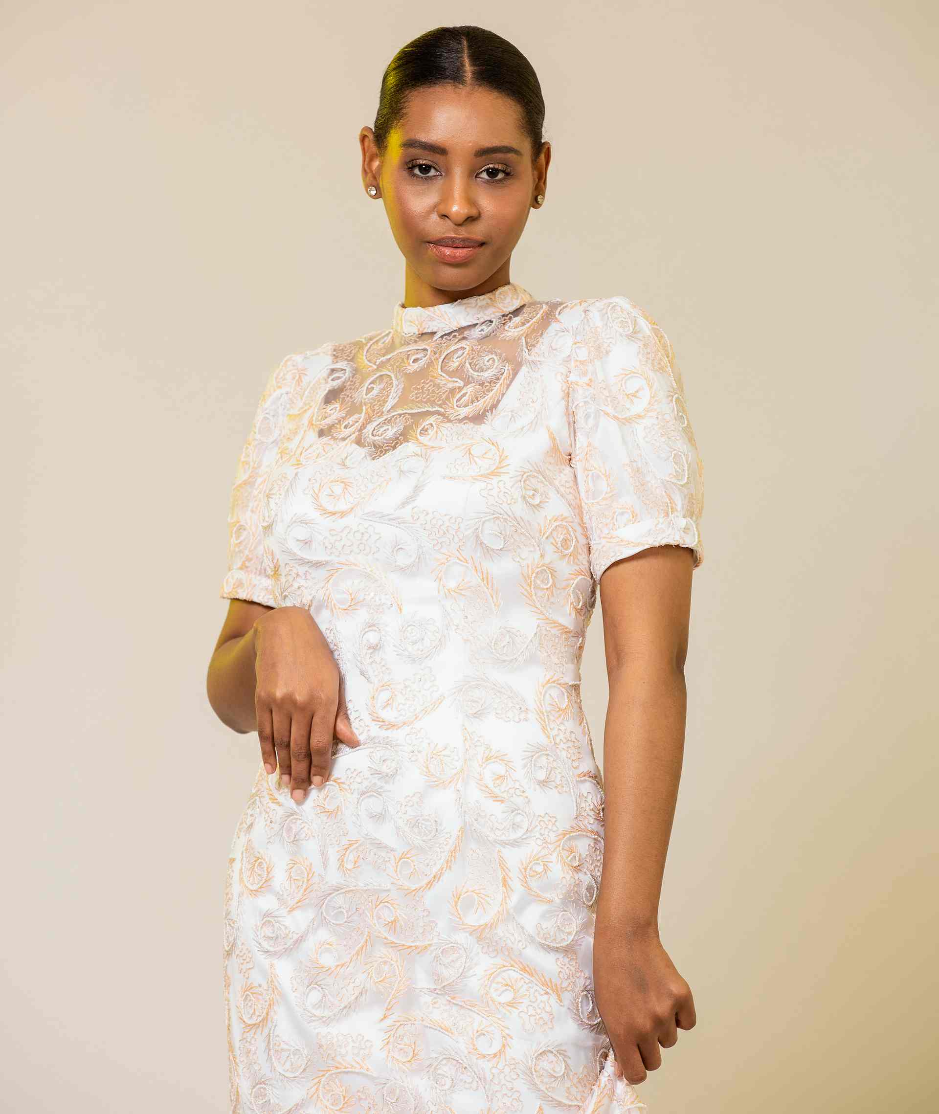 HIGH-NECK EMBROIDERED FITTED GOWN