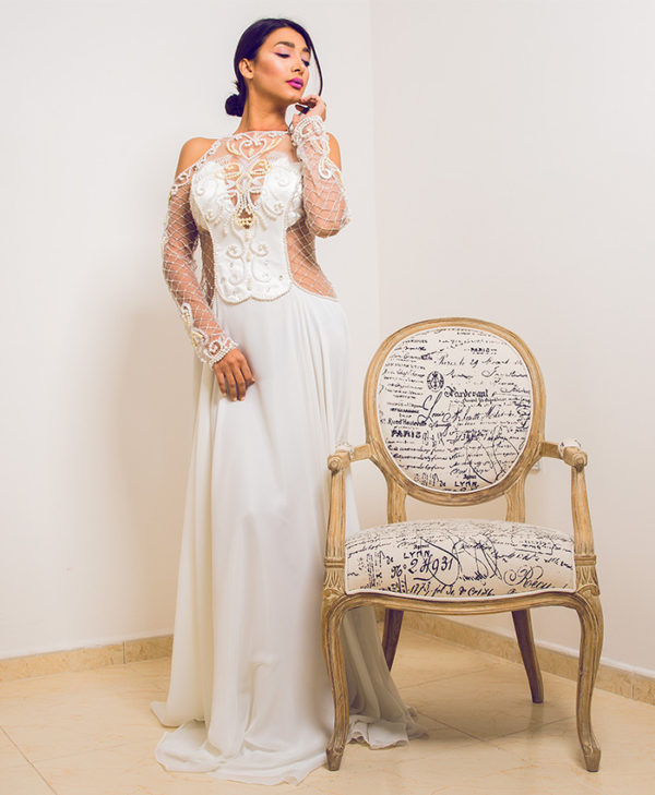 ILLUSION EMBROIDERY OFF-SHOULDER GOWN
