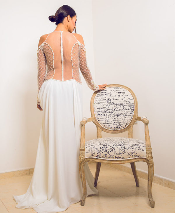 ILLUSION EMBROIDERY OFF-SHOULDER GOWN