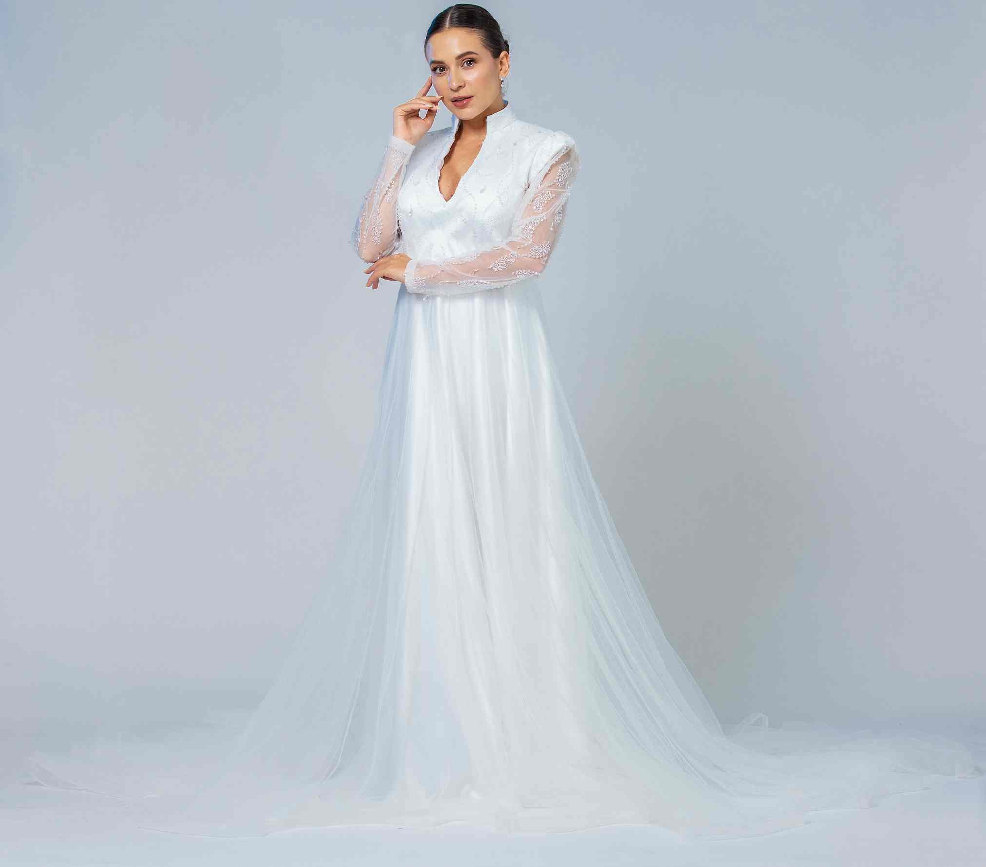 SATIN-LACE A-LINE BRIDAL GOWN