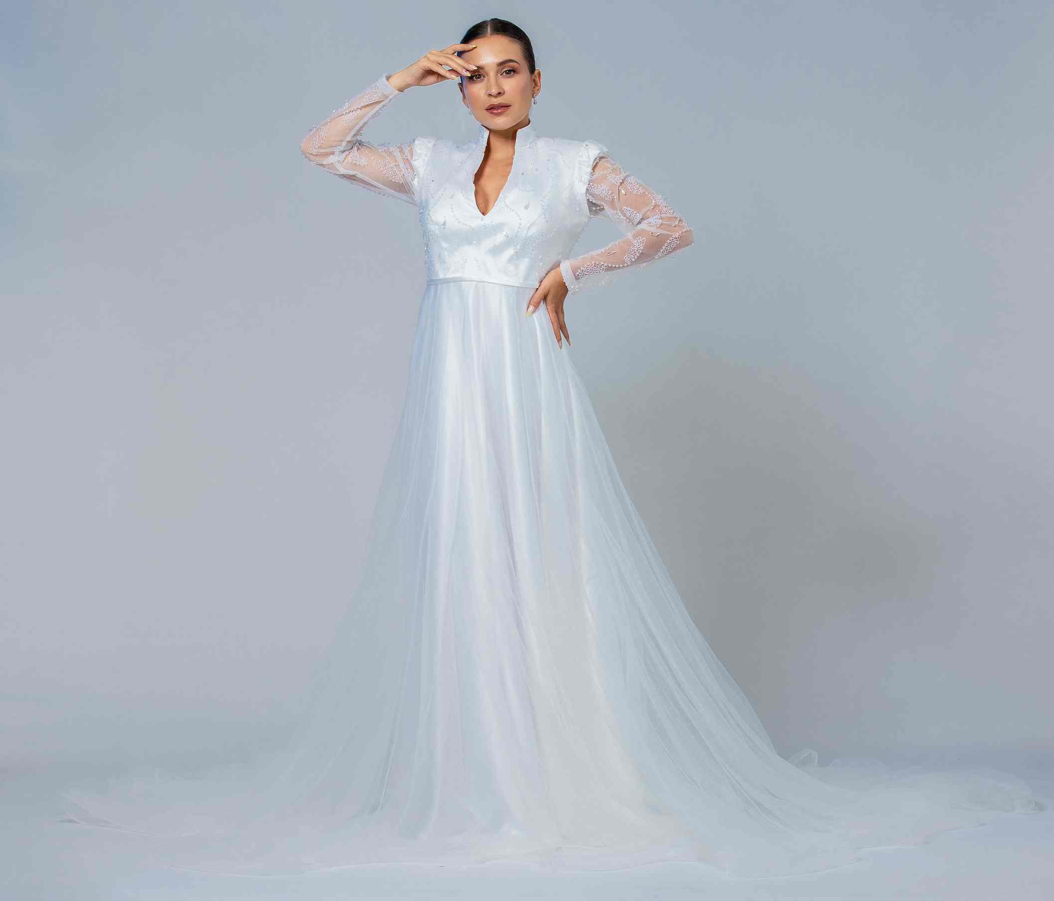 SATIN-LACE A-LINE BRIDAL GOWN