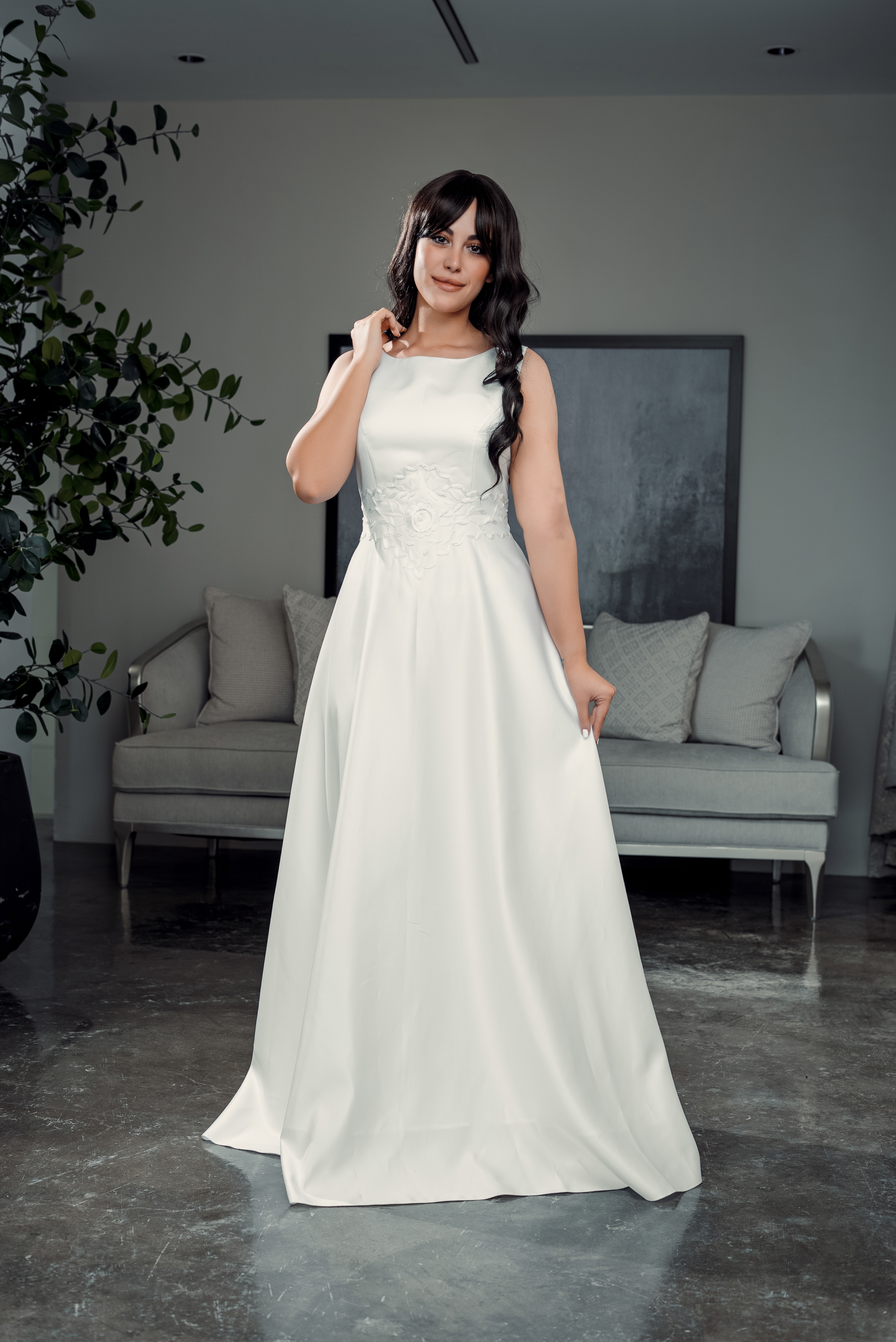 LACE-ACCENTED SATIN A-LINE GOWN