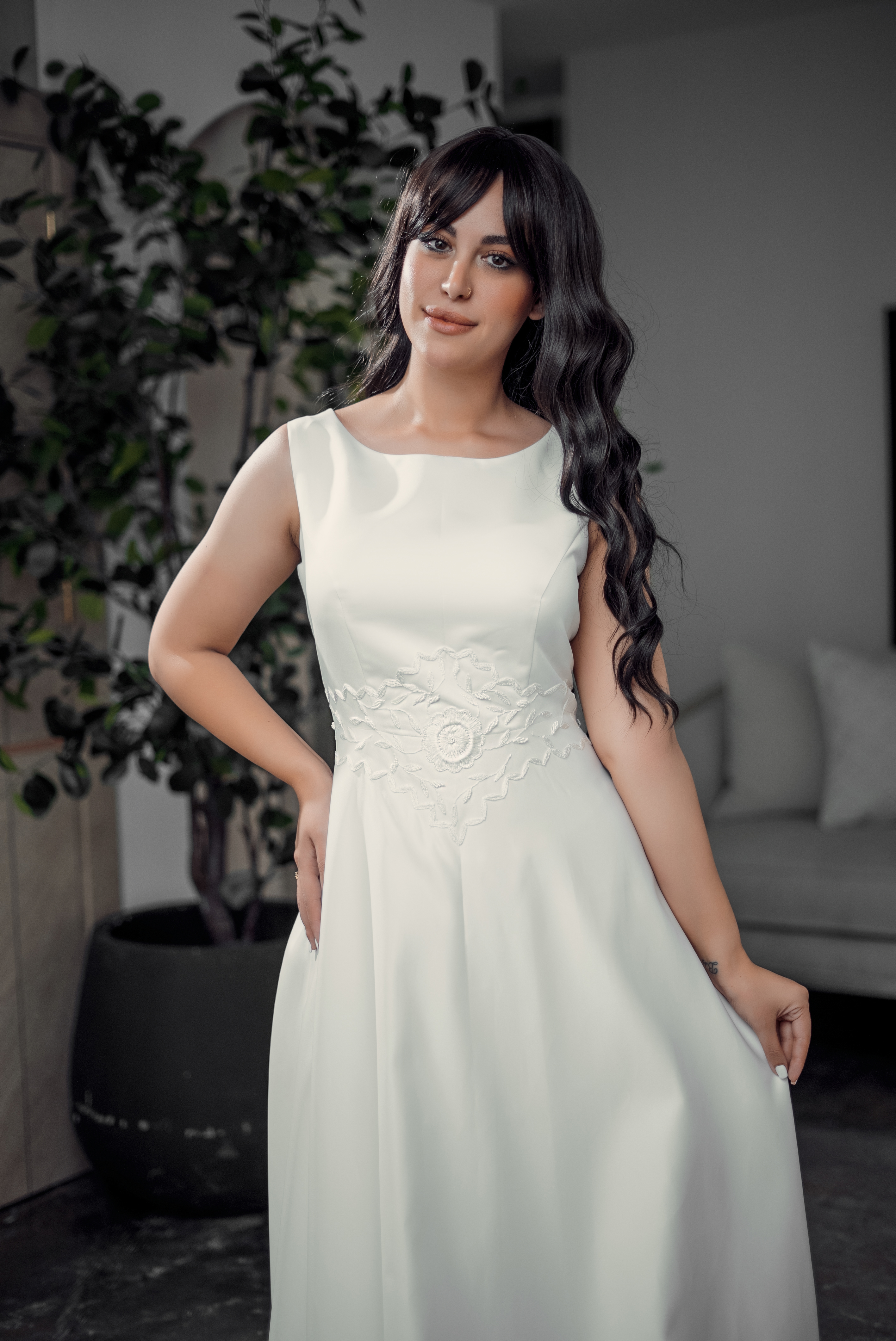 LACE-ACCENTED SATIN A-LINE GOWN