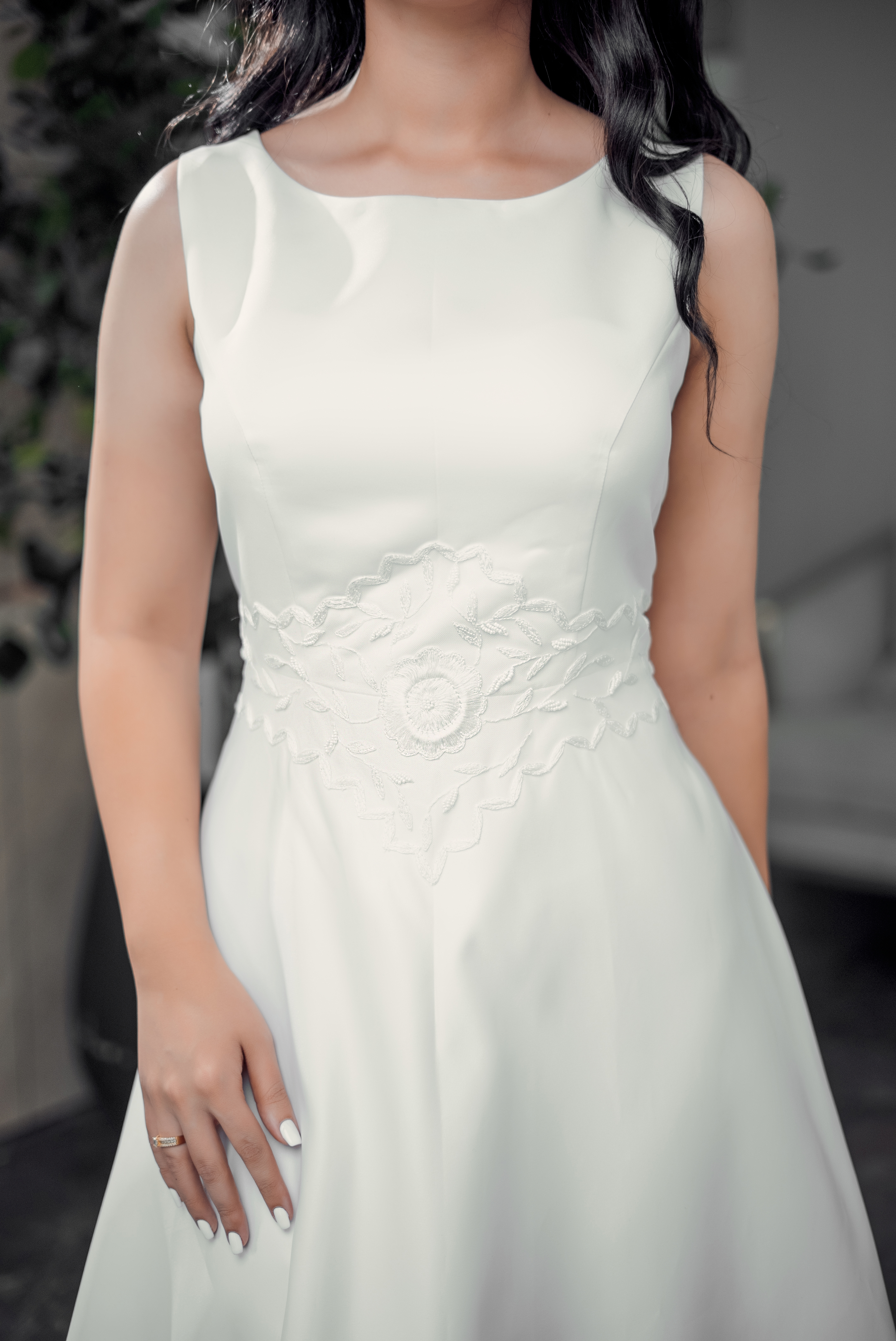 LACE-ACCENTED SATIN A-LINE GOWN