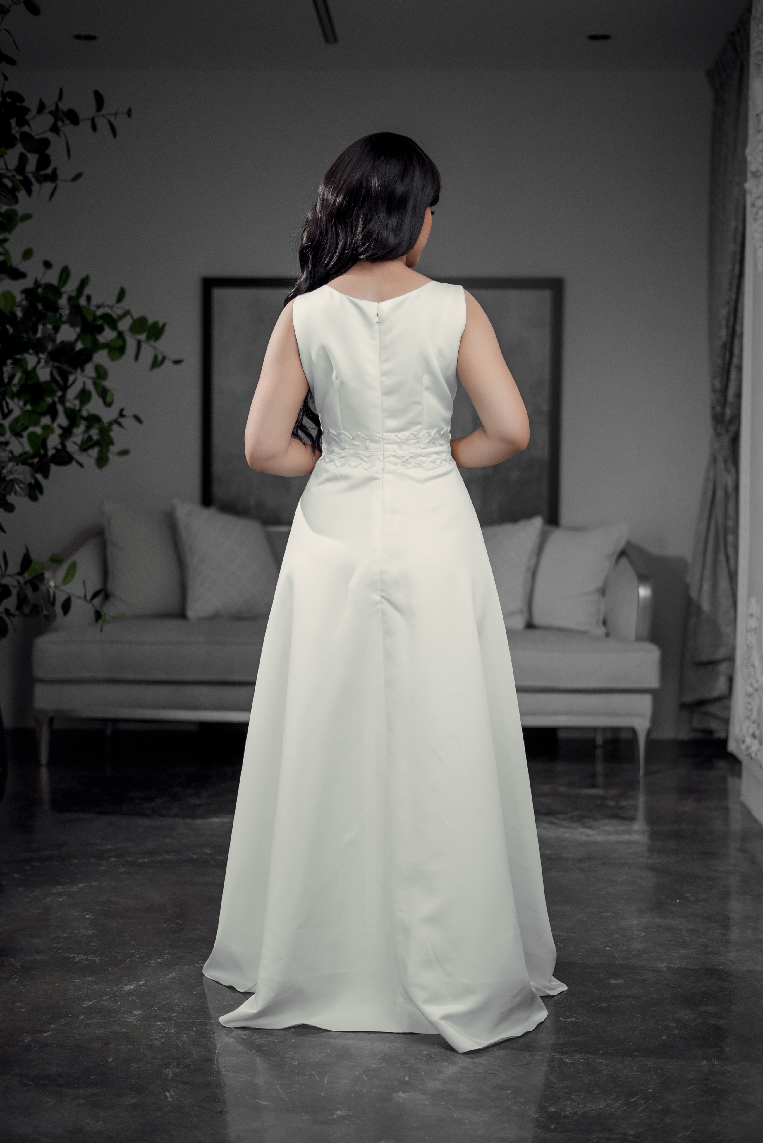 LACE-ACCENTED SATIN A-LINE GOWN