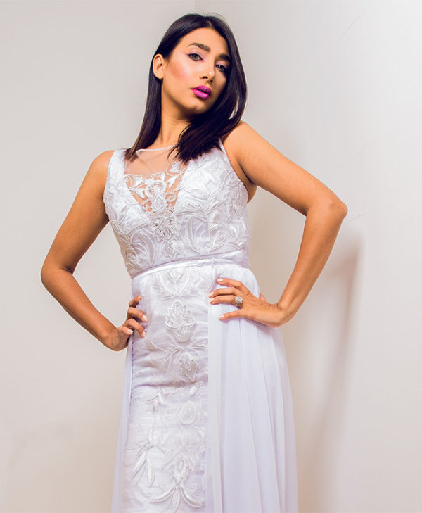 LACE SHEATH GOWN WITH SLIT