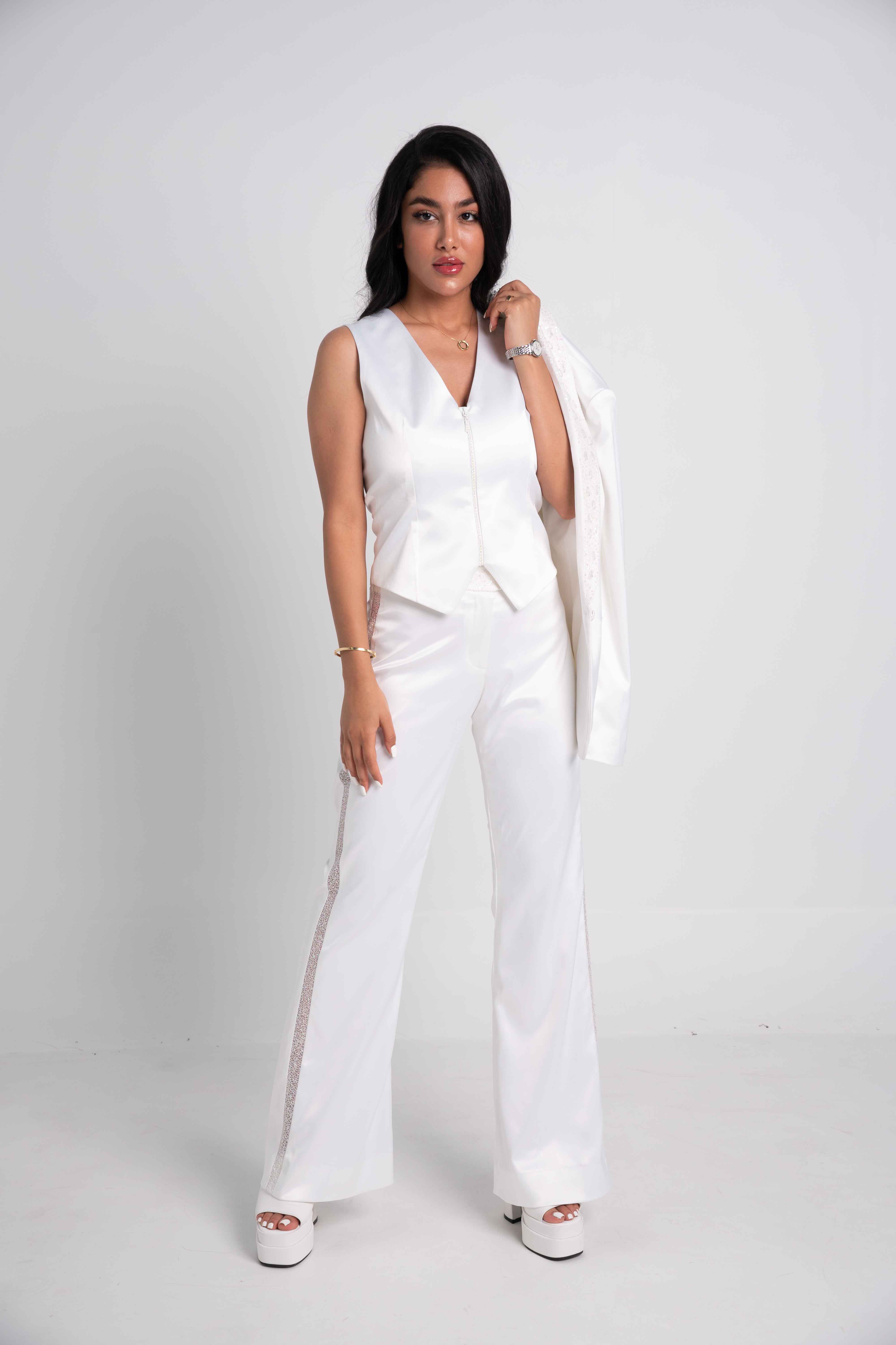 LUXE WHITE EMBELLISHED SIDE-TRIM TROUSERS
