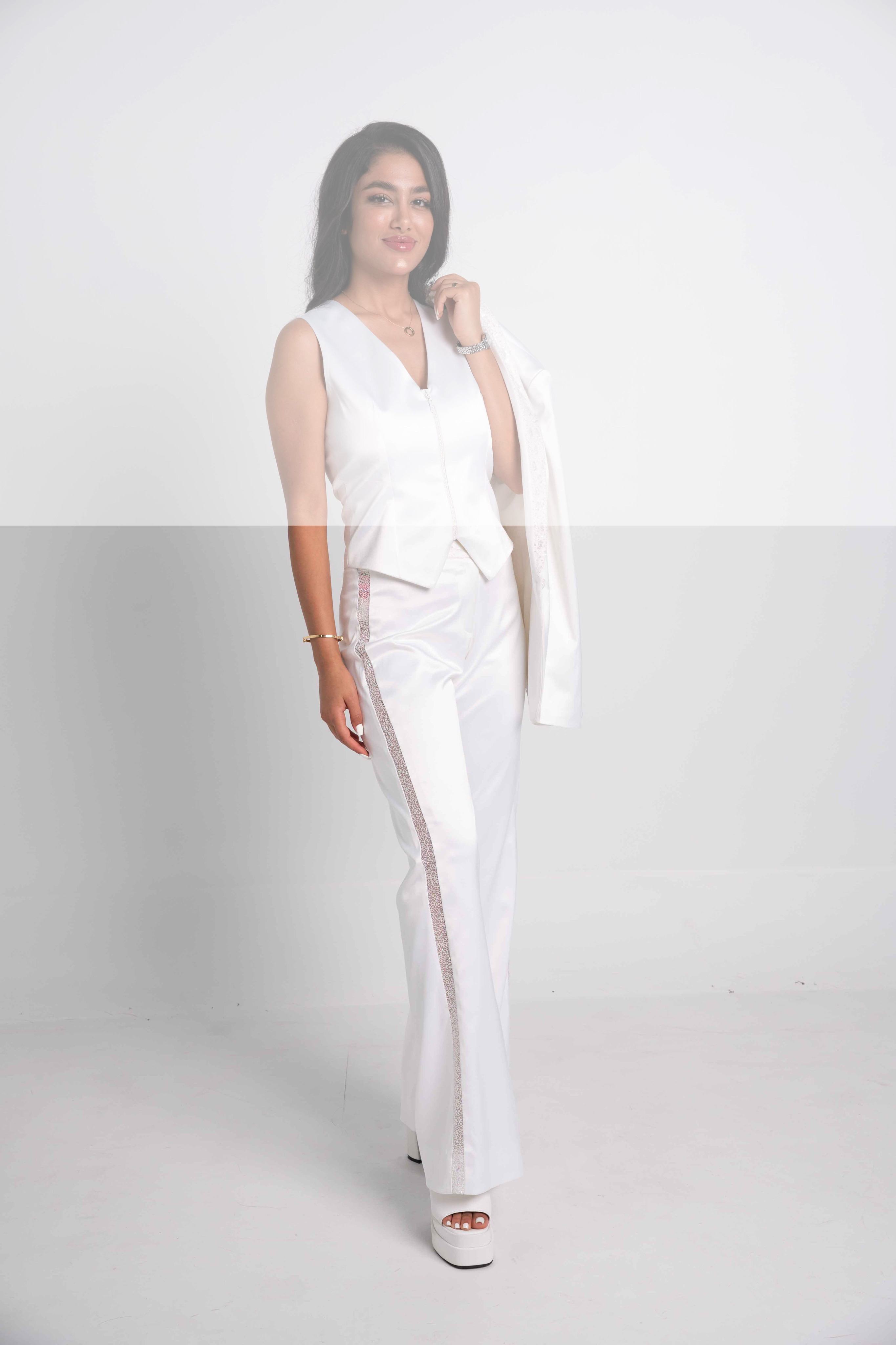 LUXE WHITE EMBELLISHED SIDE-TRIM TROUSERS
