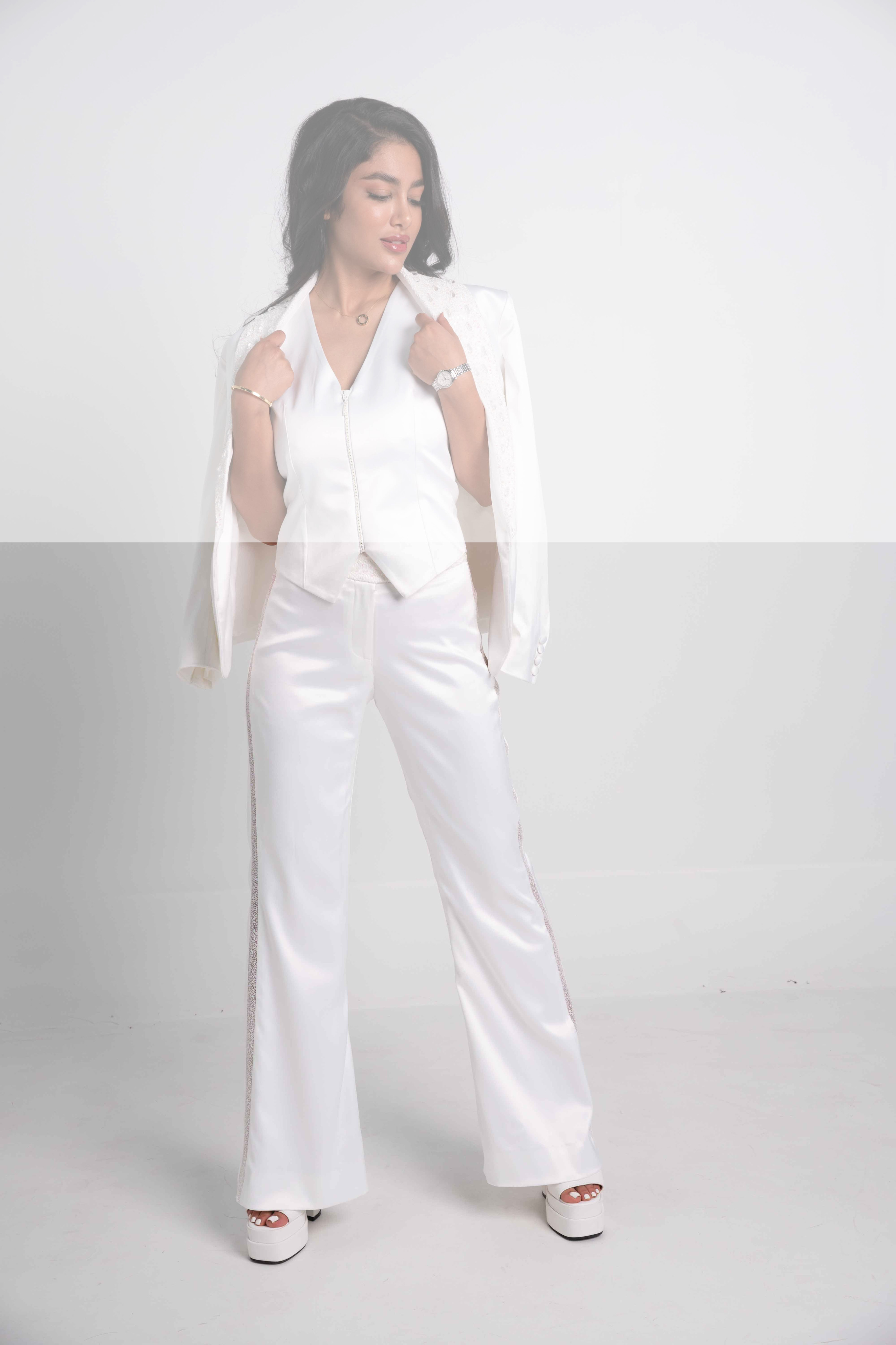 LUXE WHITE EMBELLISHED SIDE-TRIM TROUSERS